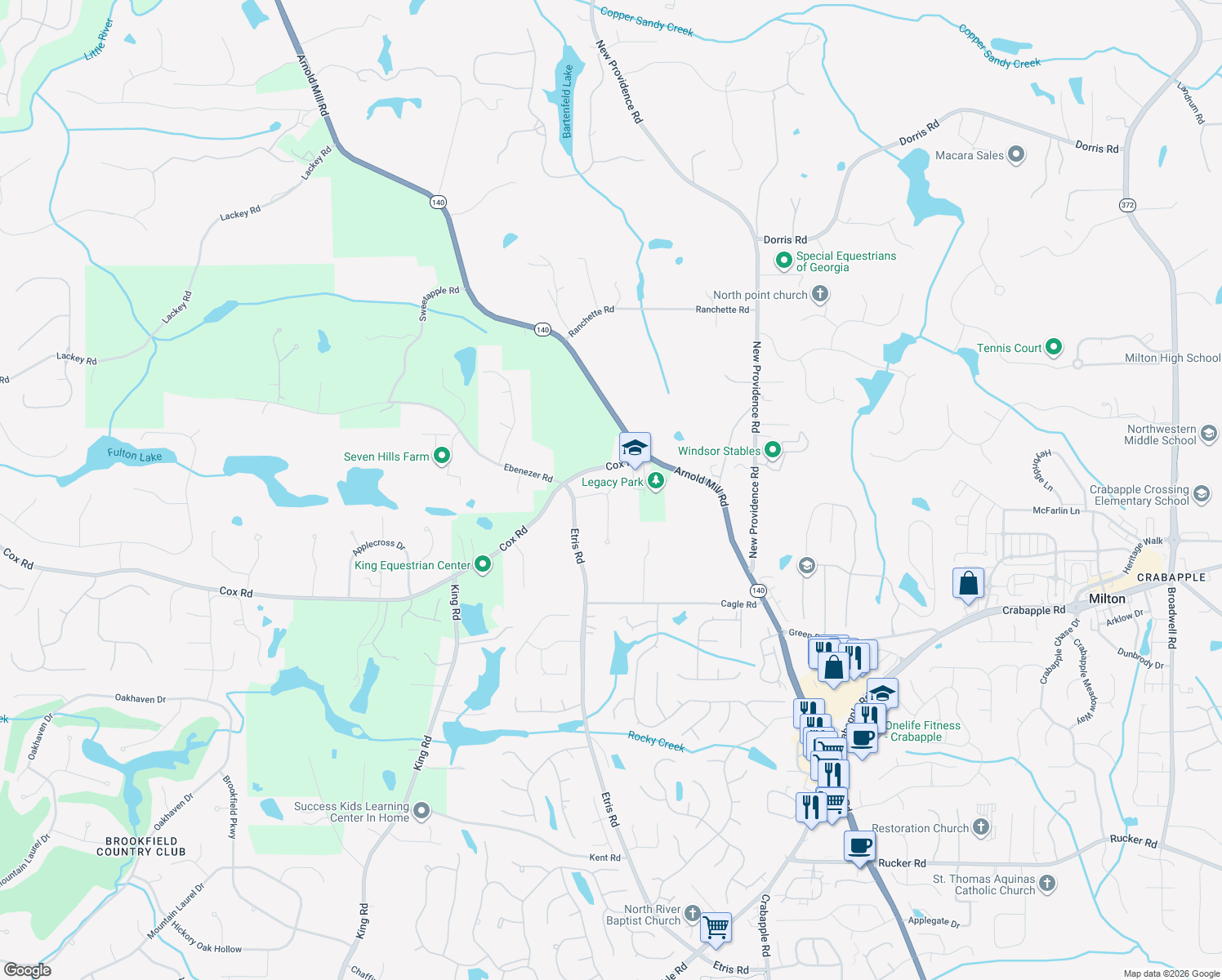 map of restaurants, bars, coffee shops, grocery stores, and more near 511 Etris Ct in Roswell