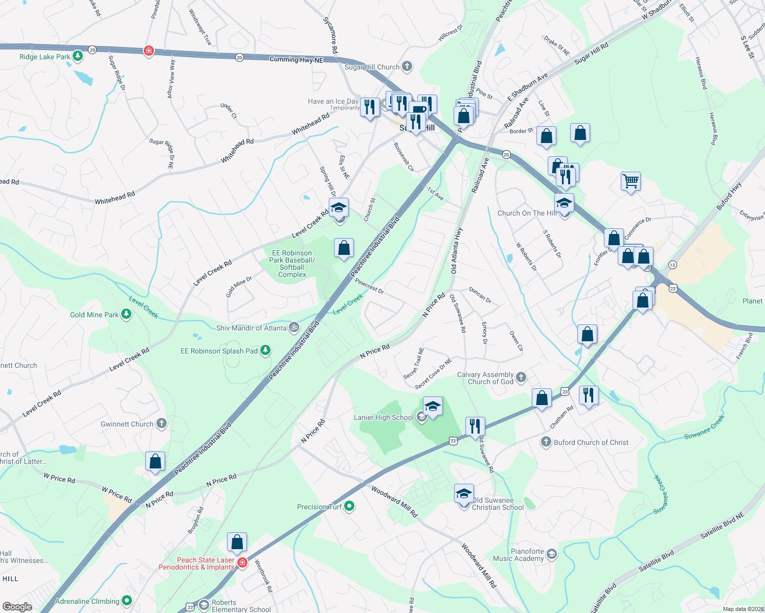 map of restaurants, bars, coffee shops, grocery stores, and more near 5259 McEver View Dr in Sugar Hill