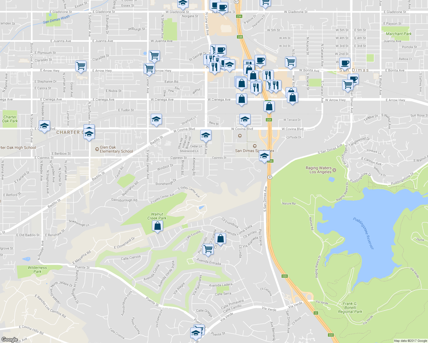 map of restaurants, bars, coffee shops, grocery stores, and more near 1024 Locklayer Street in San Dimas