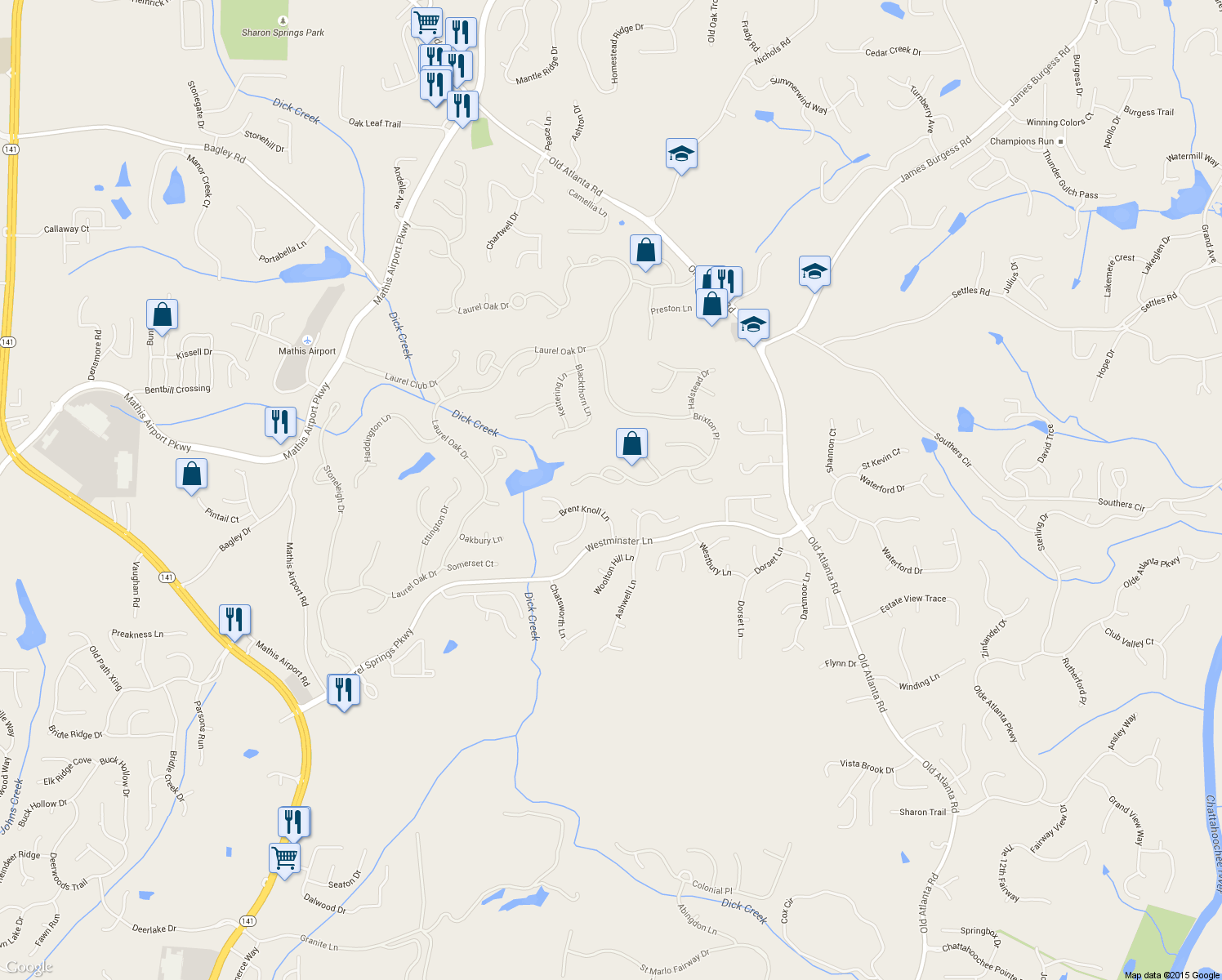 map of restaurants, bars, coffee shops, grocery stores, and more near 10225 Worthington Manor in Suwanee