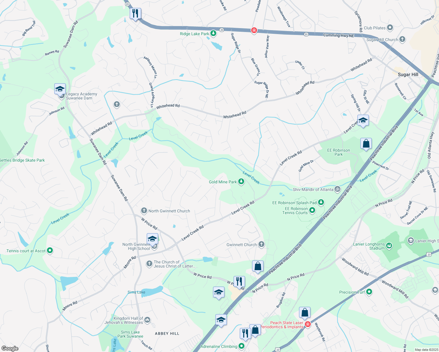 map of restaurants, bars, coffee shops, grocery stores, and more near 4847 Sara Creek Way in Sugar Hill