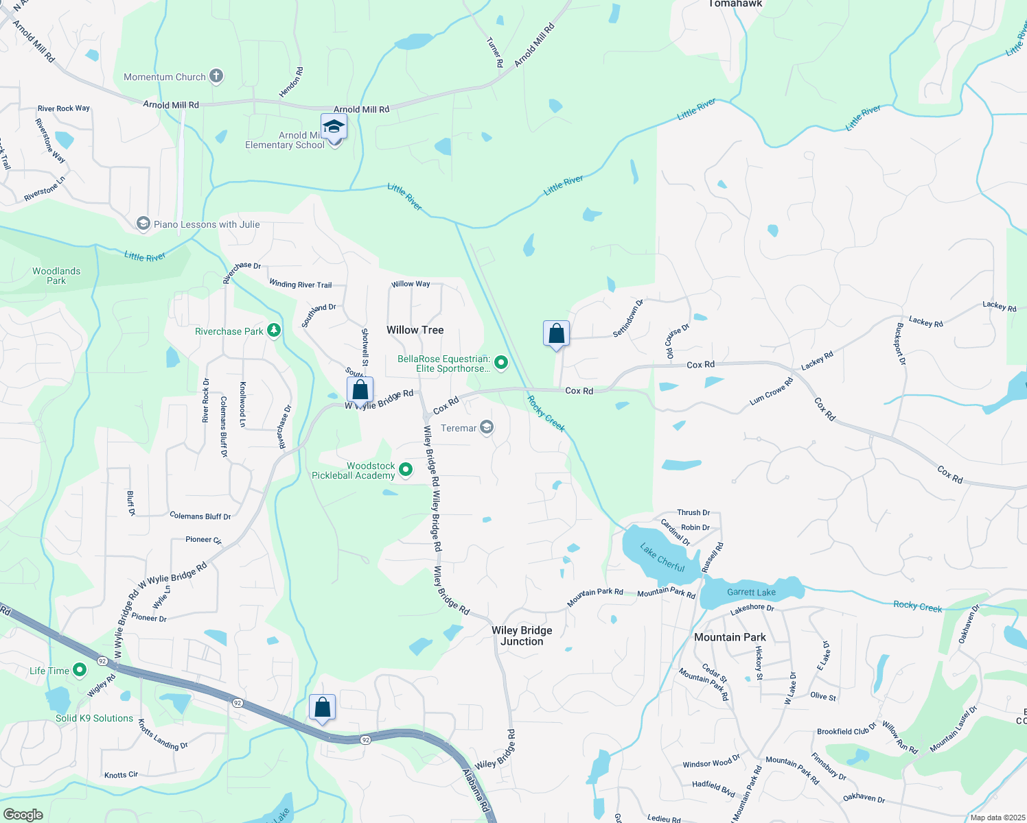 map of restaurants, bars, coffee shops, grocery stores, and more near 101 Fernwood Drive in Woodstock