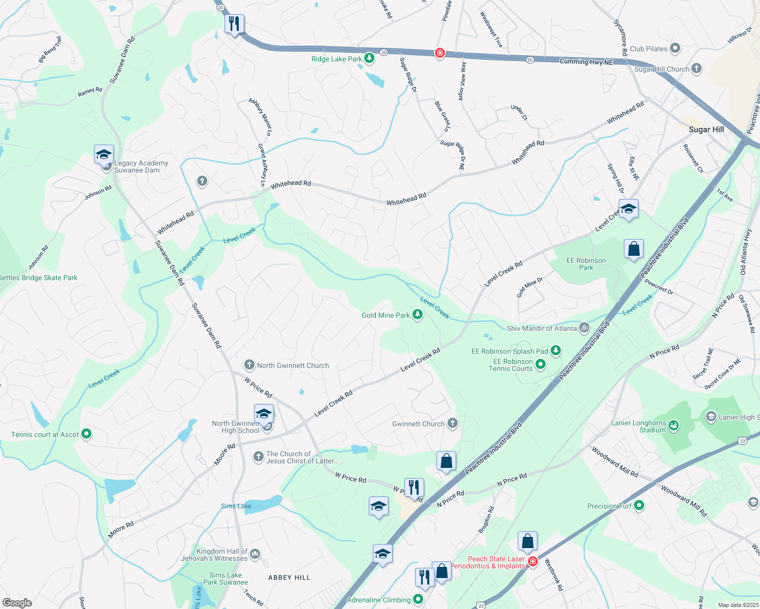 map of restaurants, bars, coffee shops, grocery stores, and more near 4847 Sara Creek Way in Sugar Hill