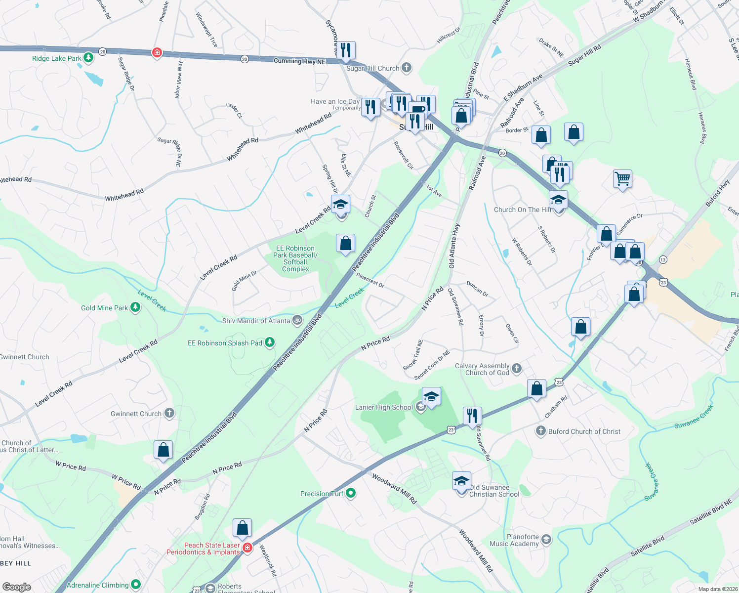 map of restaurants, bars, coffee shops, grocery stores, and more near 5098 McEver View Drive in Sugar Hill