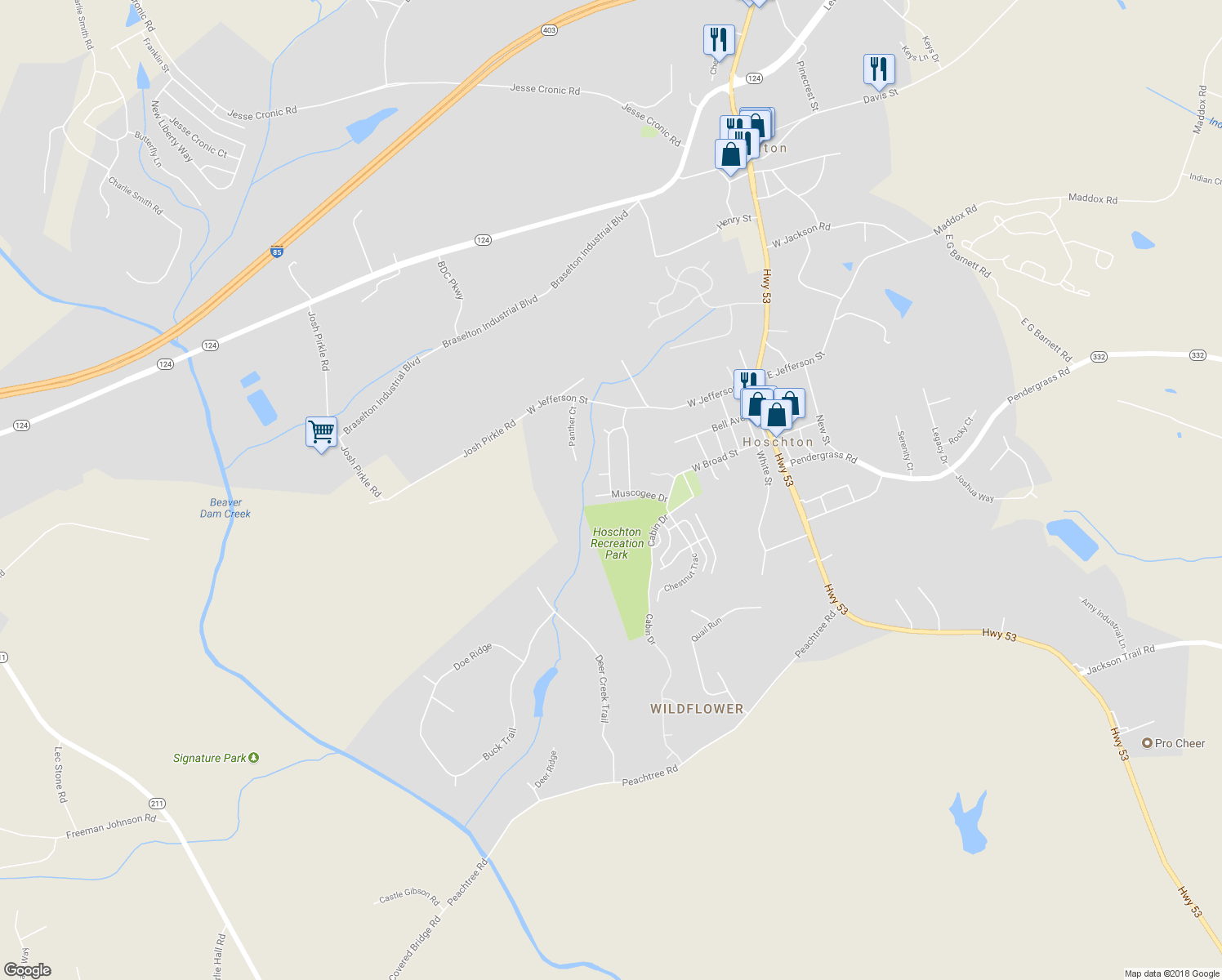 map of restaurants, bars, coffee shops, grocery stores, and more near 544 Amaranth Trail in Hoschton