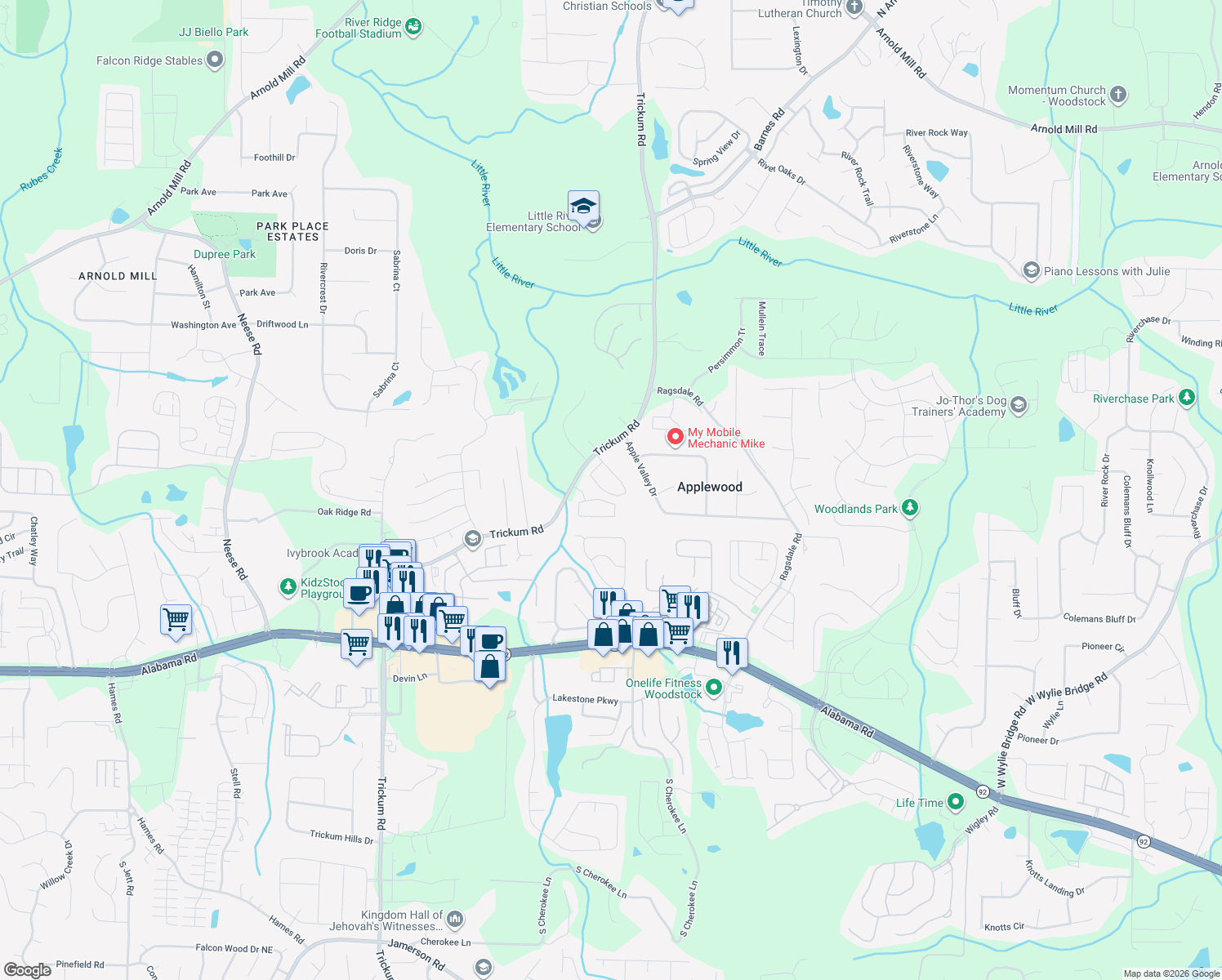 map of restaurants, bars, coffee shops, grocery stores, and more near 256 Regent Square in Woodstock