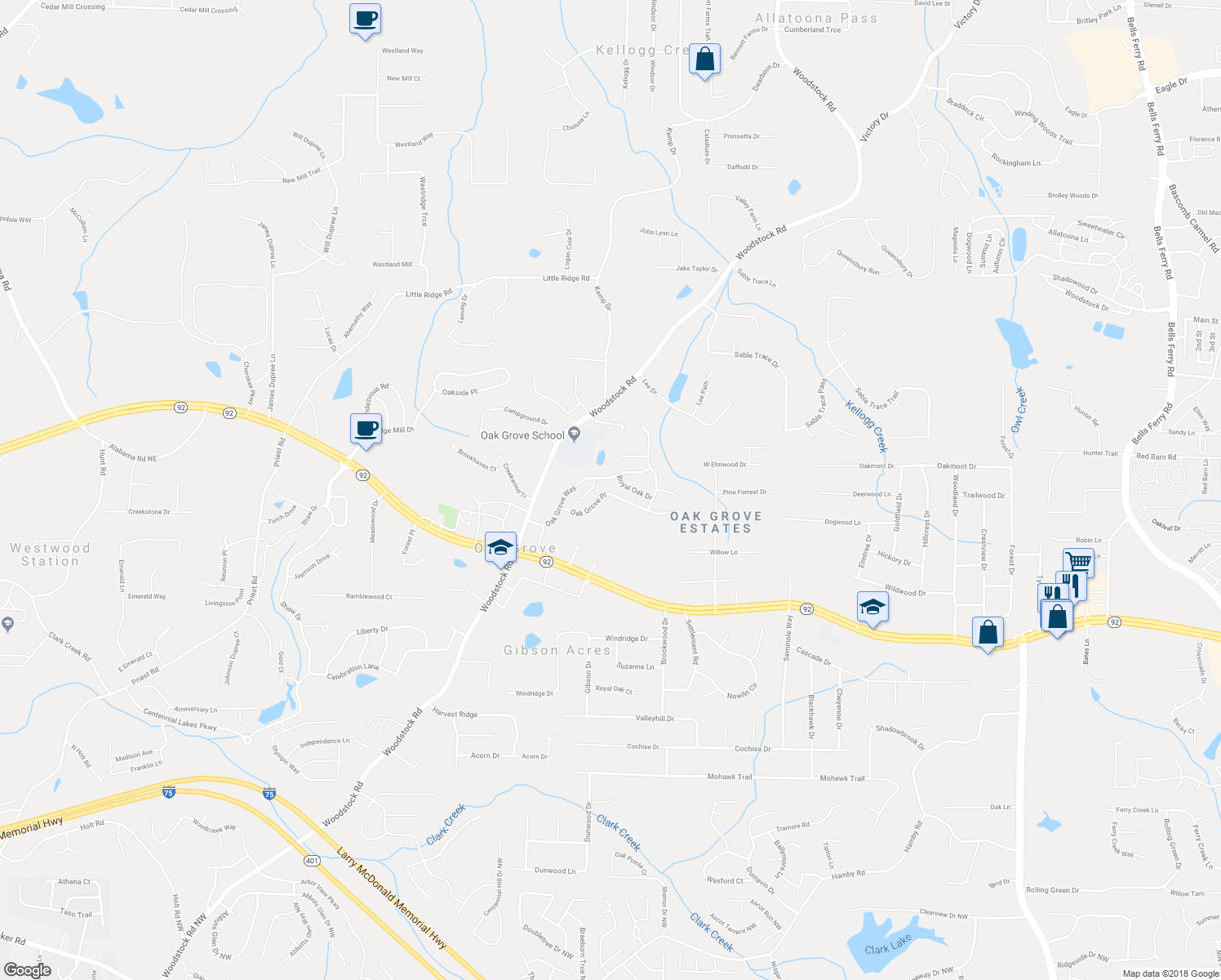 map of restaurants, bars, coffee shops, grocery stores, and more near 135 Oak Grove Place in Acworth