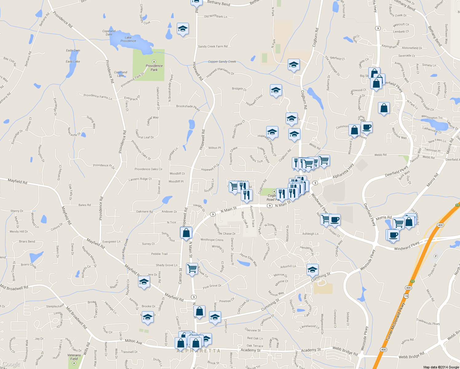 map of restaurants, bars, coffee shops, grocery stores, and more near 2400 Cogburn Ridge Road in Alpharetta