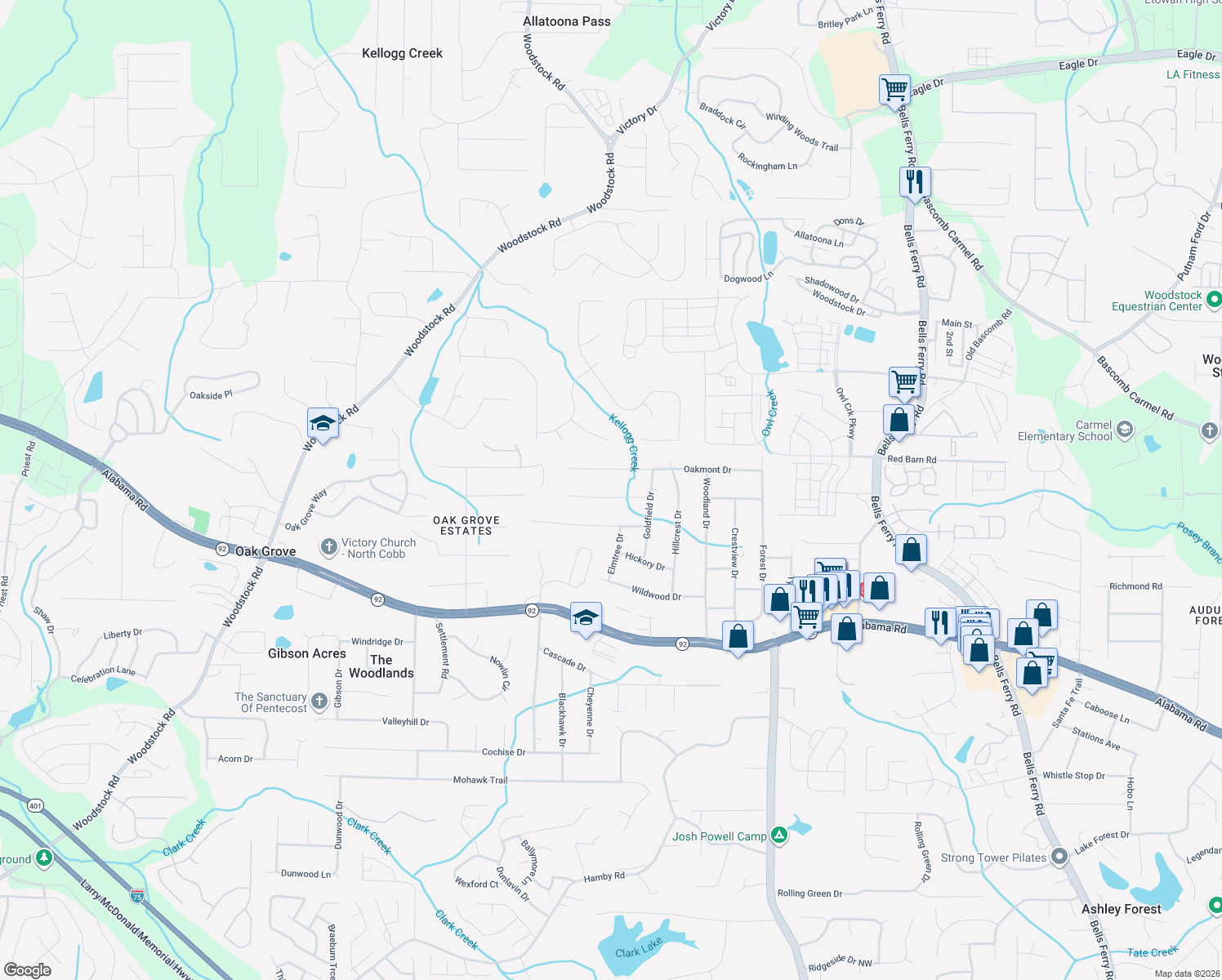 map of restaurants, bars, coffee shops, grocery stores, and more near 1544 Deerwood Ln in Acworth