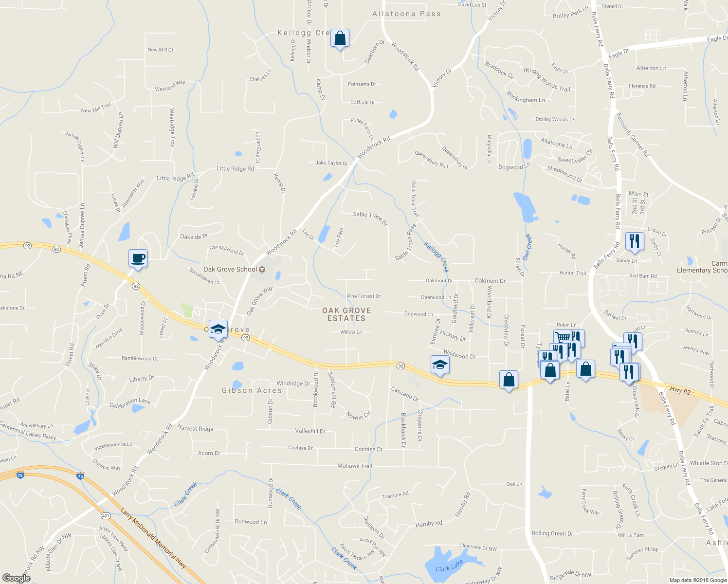 map of restaurants, bars, coffee shops, grocery stores, and more near 1790 Pine Forrest Dr in Acworth
