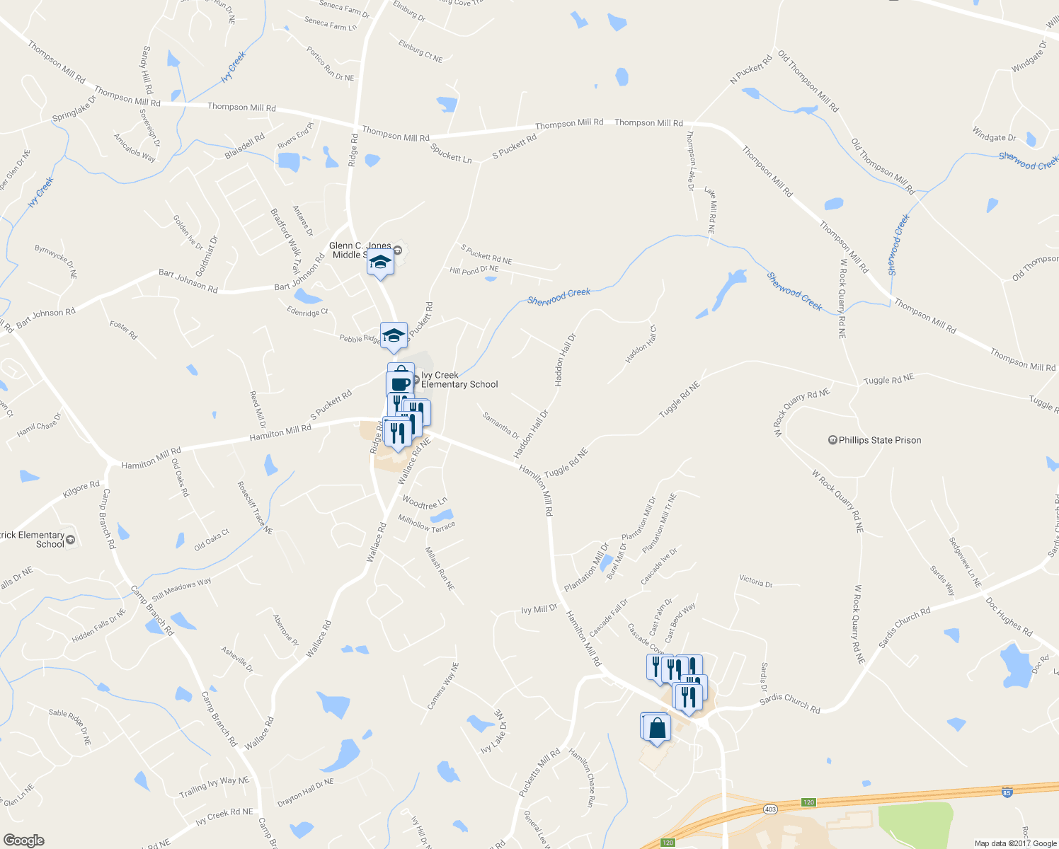 map of restaurants, bars, coffee shops, grocery stores, and more near 3270 Haddon Hall Drive in Buford