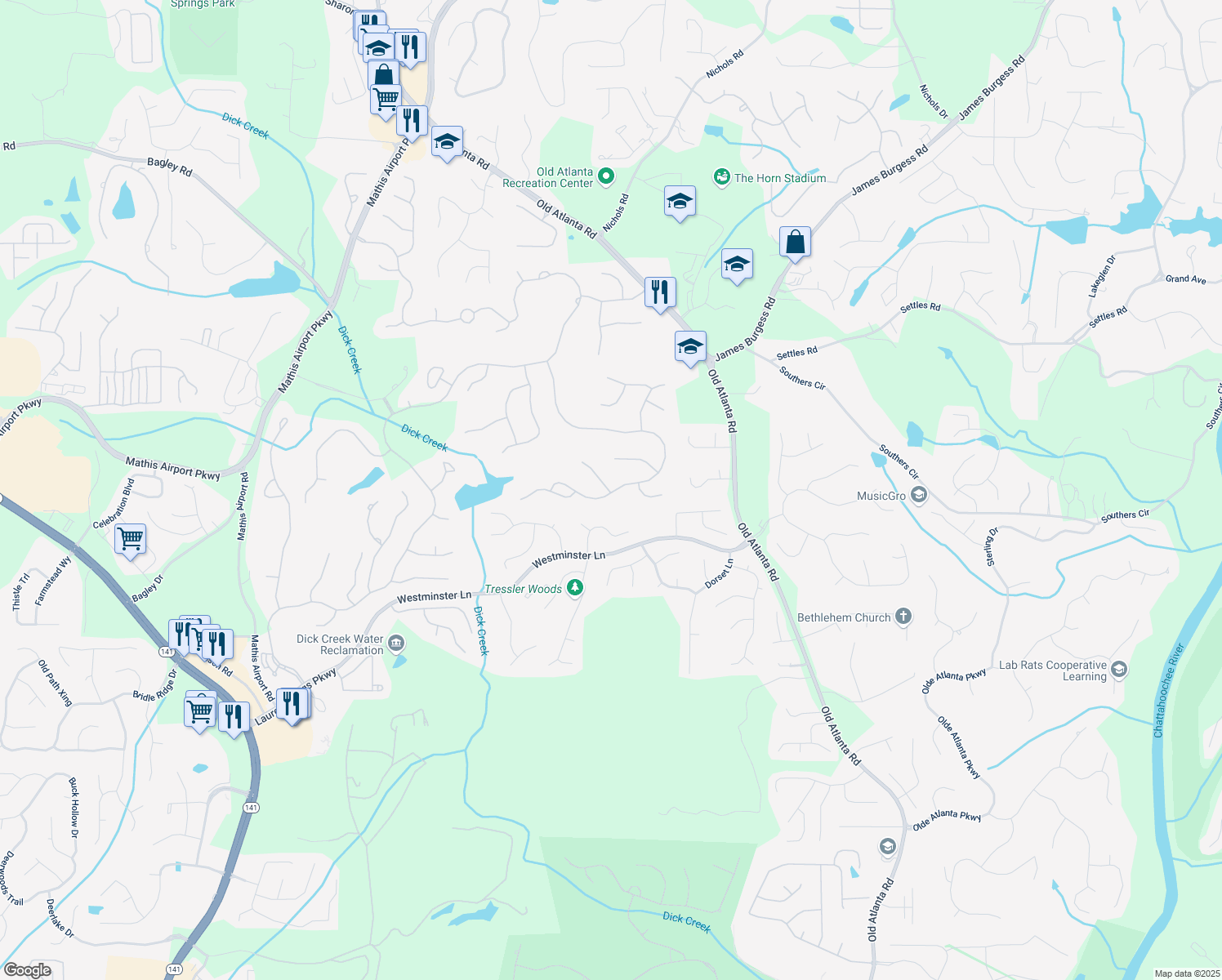 map of restaurants, bars, coffee shops, grocery stores, and more near 4108 Wyndam Hill Drive in Suwanee