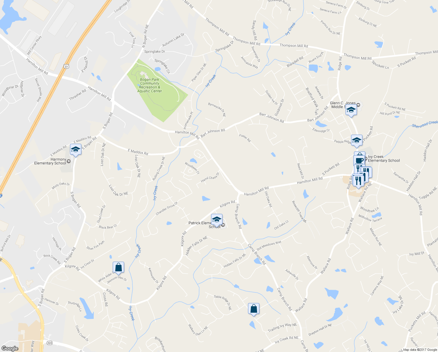 map of restaurants, bars, coffee shops, grocery stores, and more near 2845 Hamil Chase Drive in Buford