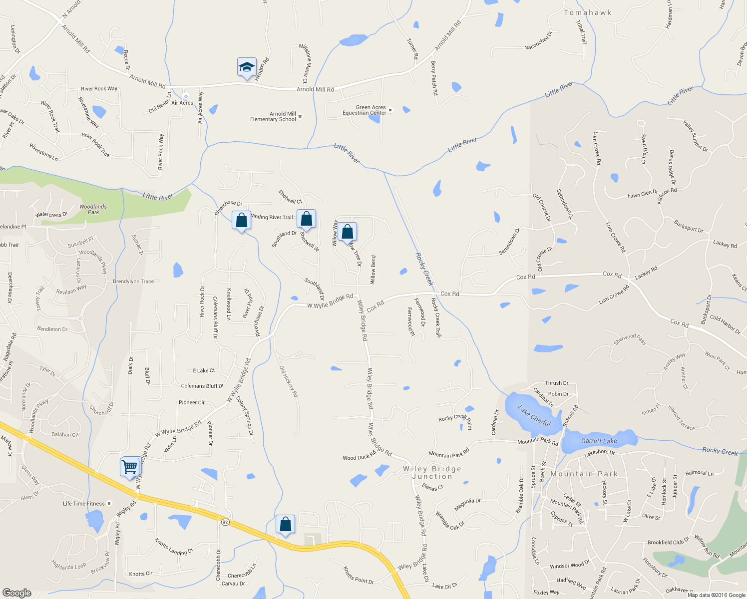 map of restaurants, bars, coffee shops, grocery stores, and more near 2777 Cox Rd in Woodstock