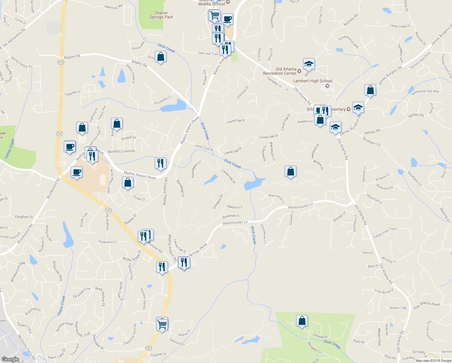 map of restaurants, bars, coffee shops, grocery stores, and more near 6020 Ettington Drive in Suwanee