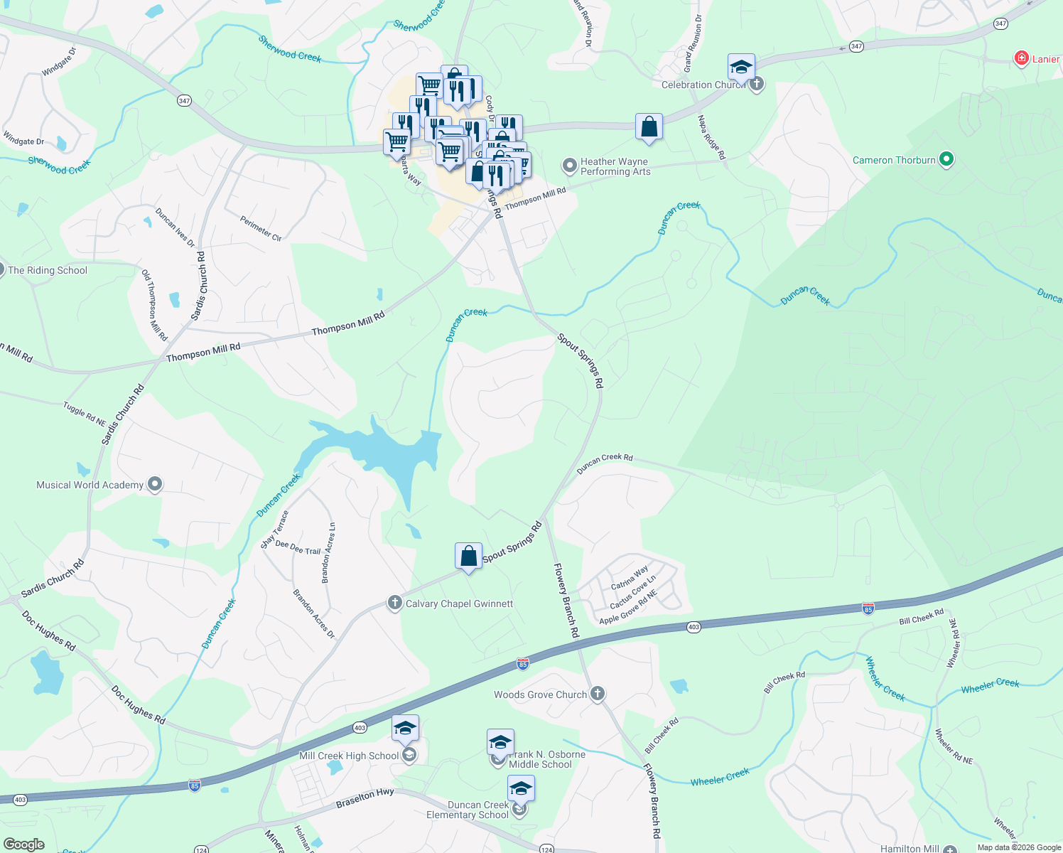 map of restaurants, bars, coffee shops, grocery stores, and more near 2113 Andrewood Place in Buford
