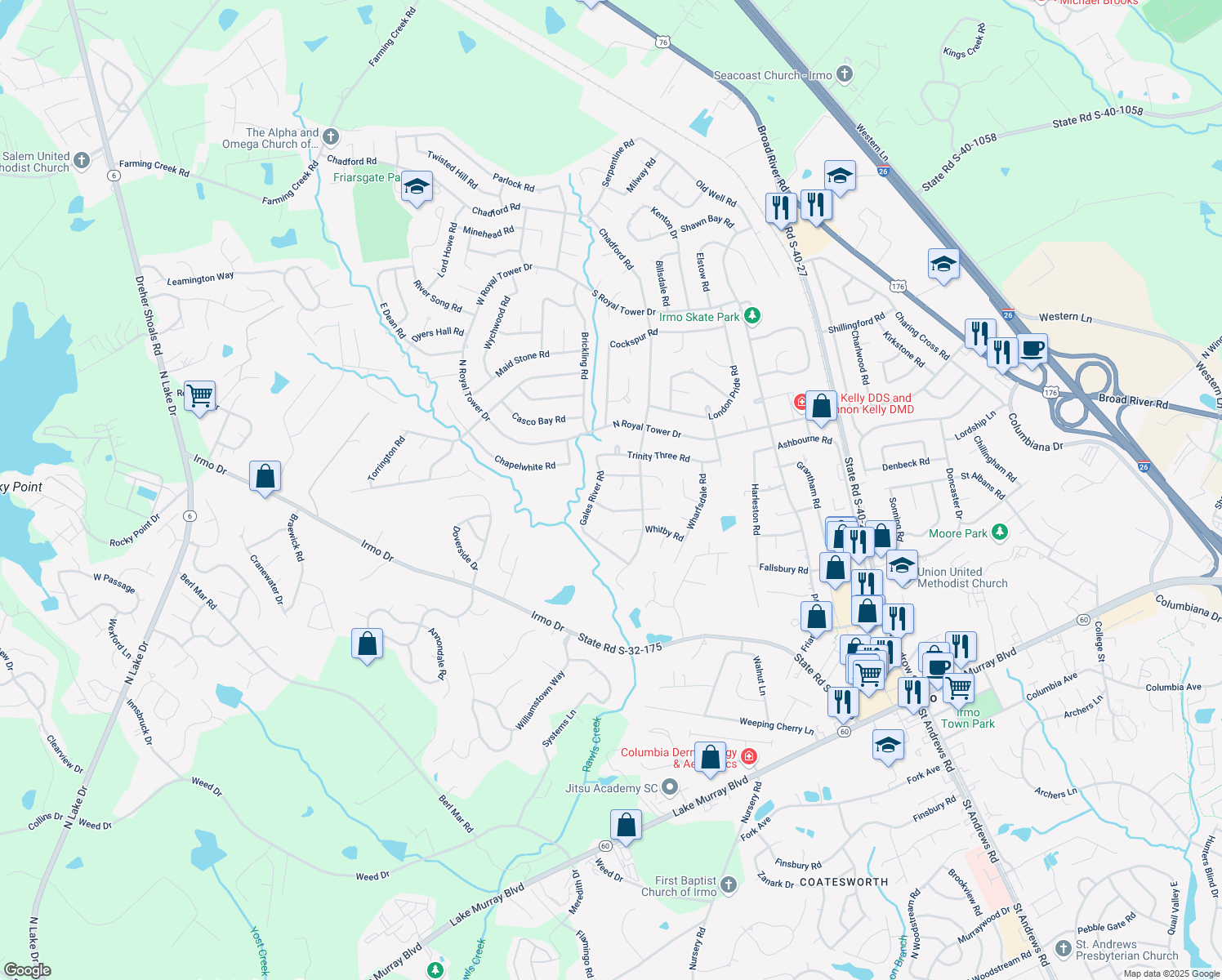 map of restaurants, bars, coffee shops, grocery stores, and more near 10 Ramer Mill Court in Irmo