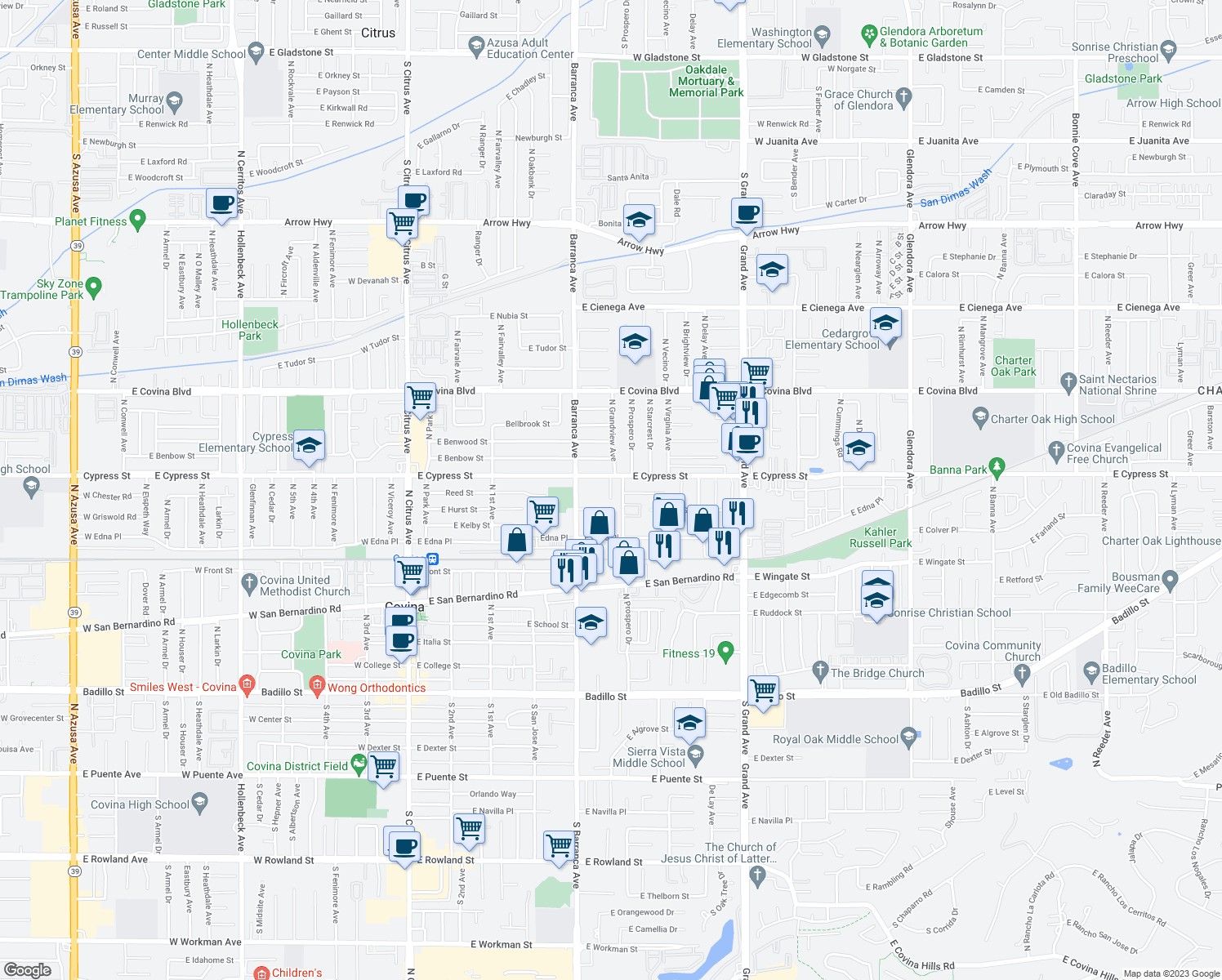 map of restaurants, bars, coffee shops, grocery stores, and more near 570 East Cypress Street in Covina