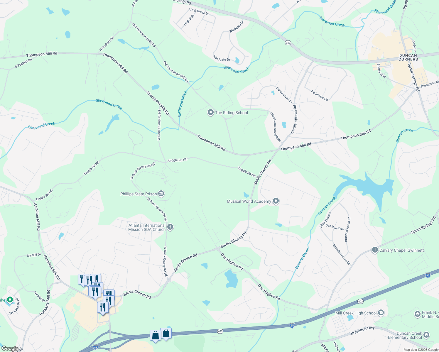 map of restaurants, bars, coffee shops, grocery stores, and more near 4197 Tuggle Road Northeast in Buford