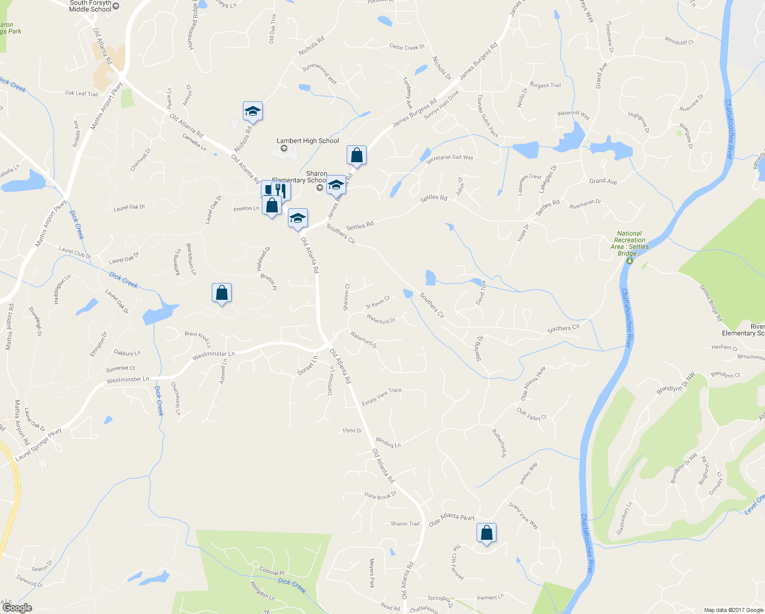 map of restaurants, bars, coffee shops, grocery stores, and more near 4650 Saint Kevin Court in Suwanee