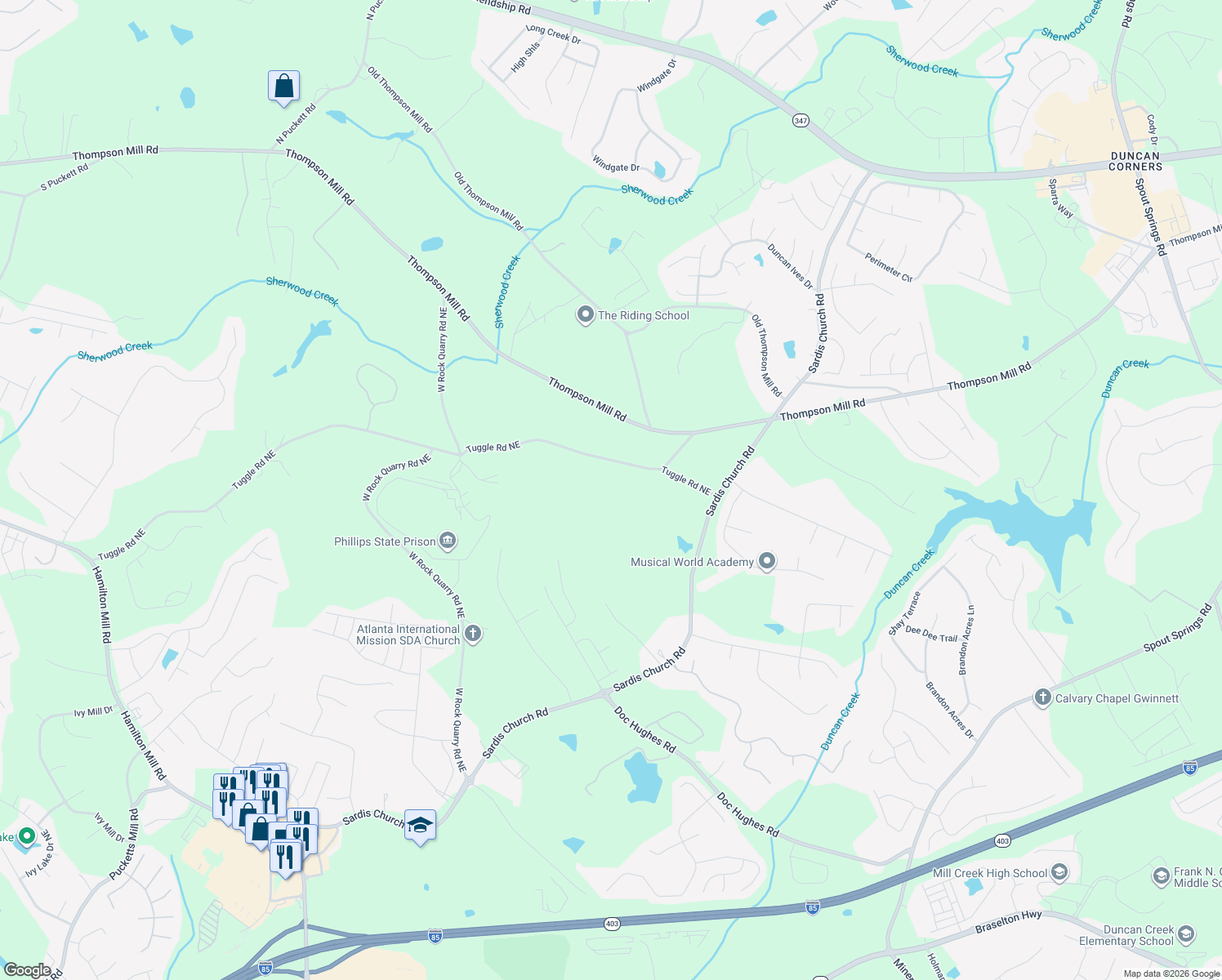 map of restaurants, bars, coffee shops, grocery stores, and more near 4197 Tuggle Road Northeast in Buford