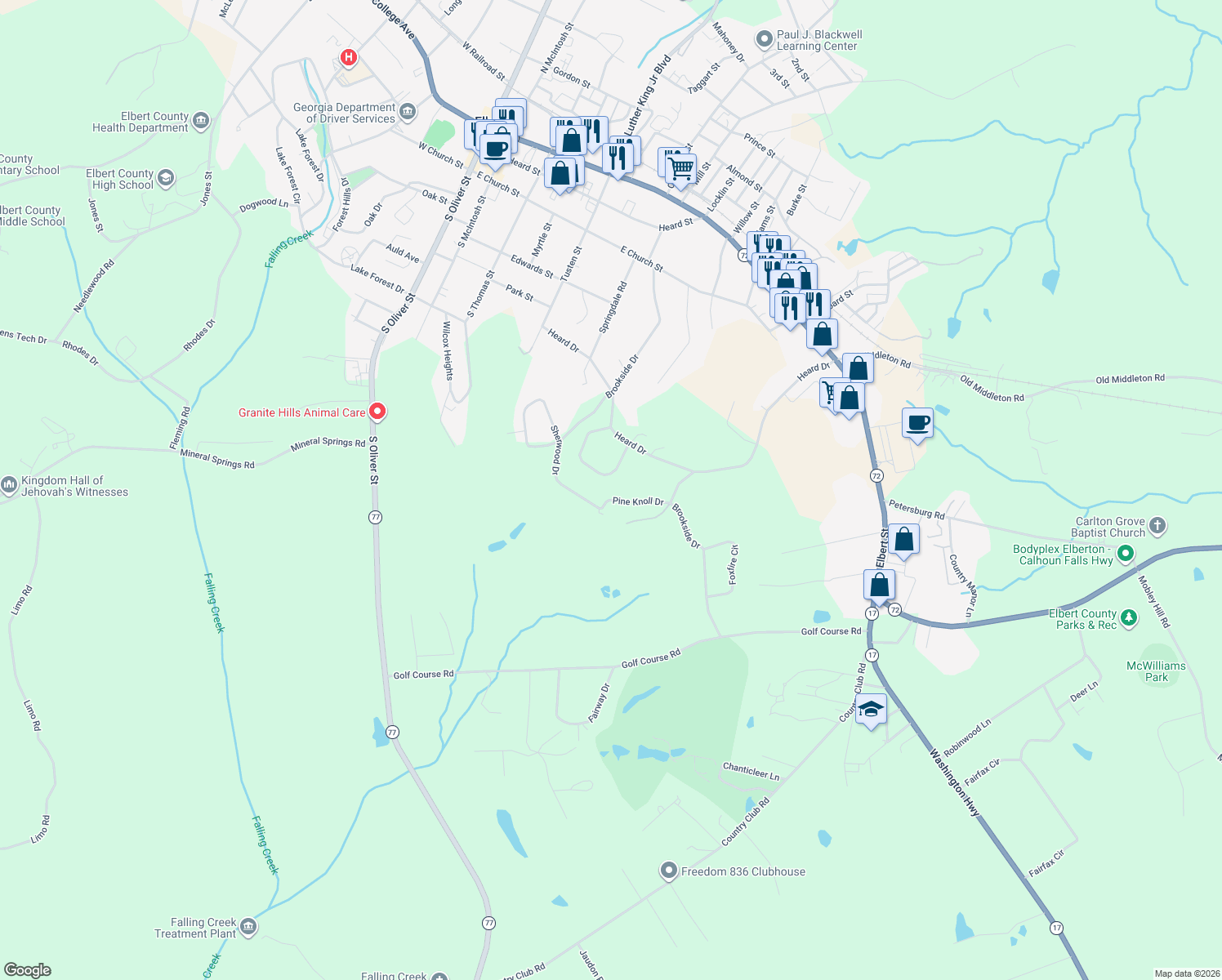 map of restaurants, bars, coffee shops, grocery stores, and more near 845 Pine Knoll Dr in Elberton