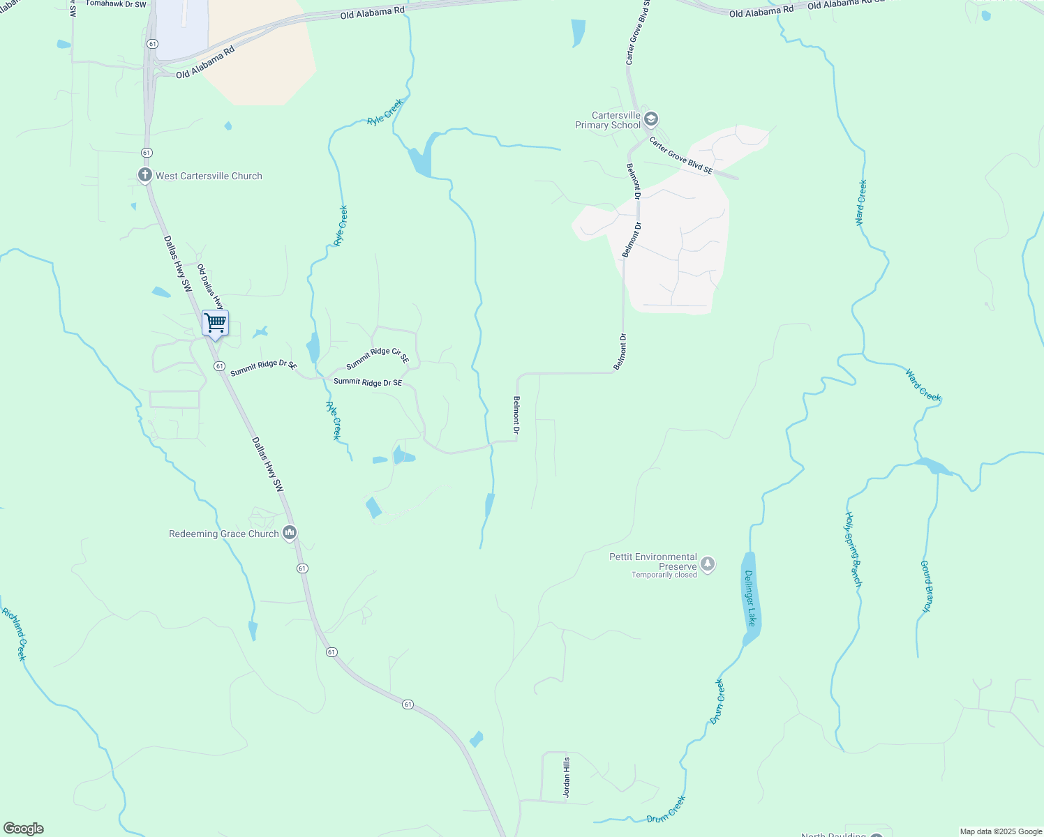map of restaurants, bars, coffee shops, grocery stores, and more near 322 Belmont Drive in Cartersville