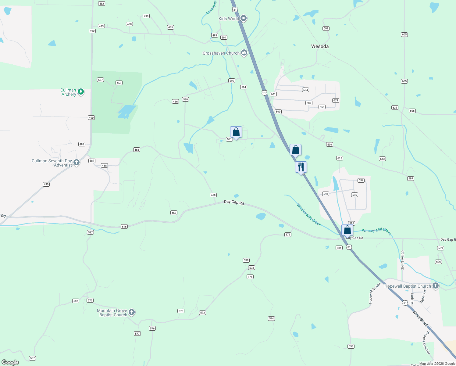 map of restaurants, bars, coffee shops, grocery stores, and more near 985 County Road 468 in Hanceville