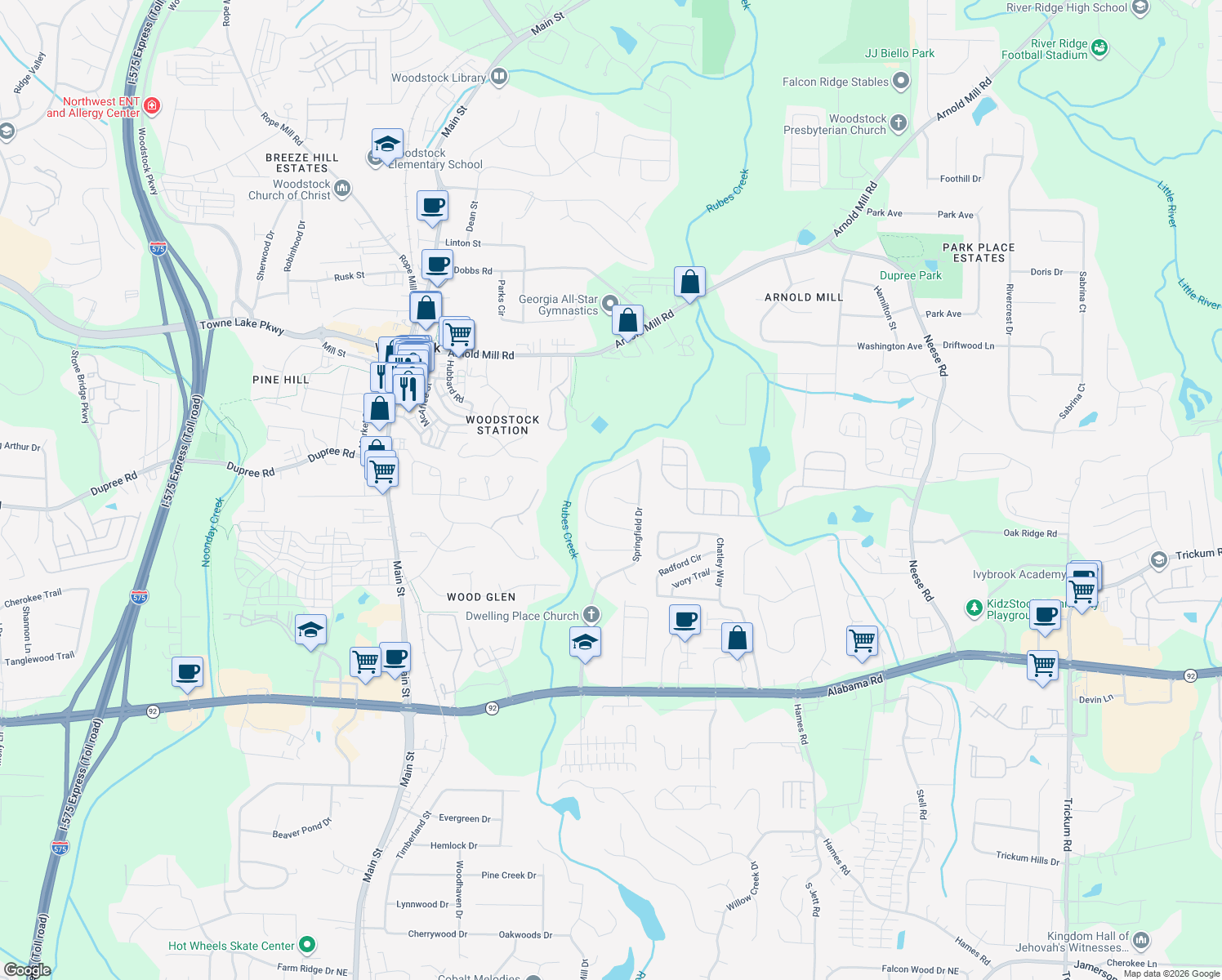 map of restaurants, bars, coffee shops, grocery stores, and more near 613 Caliber Ct in Woodstock