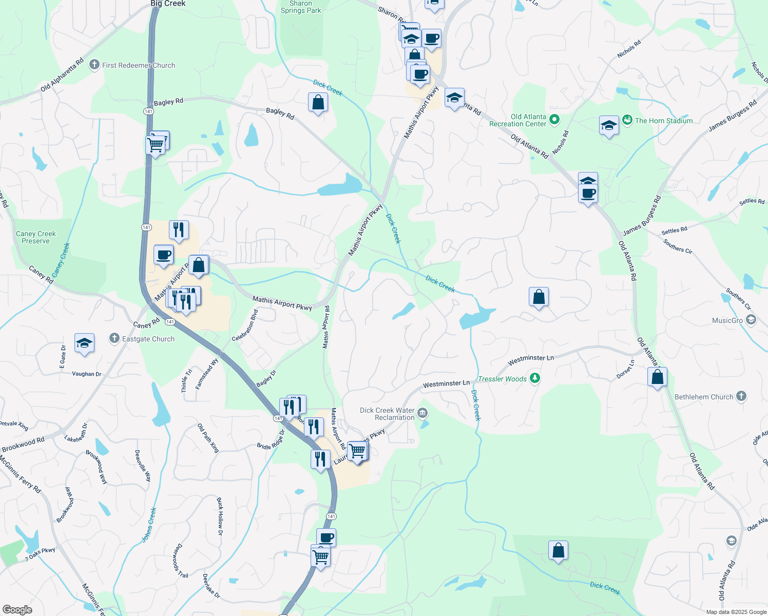 map of restaurants, bars, coffee shops, grocery stores, and more near 6515 Haddington Court in Suwanee