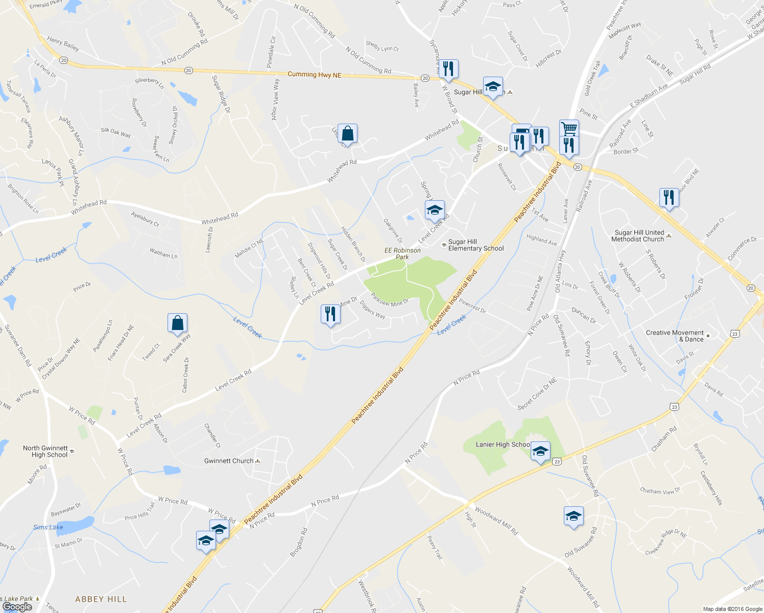 map of restaurants, bars, coffee shops, grocery stores, and more near 4820 Parkview Mine Drive in Sugar Hill