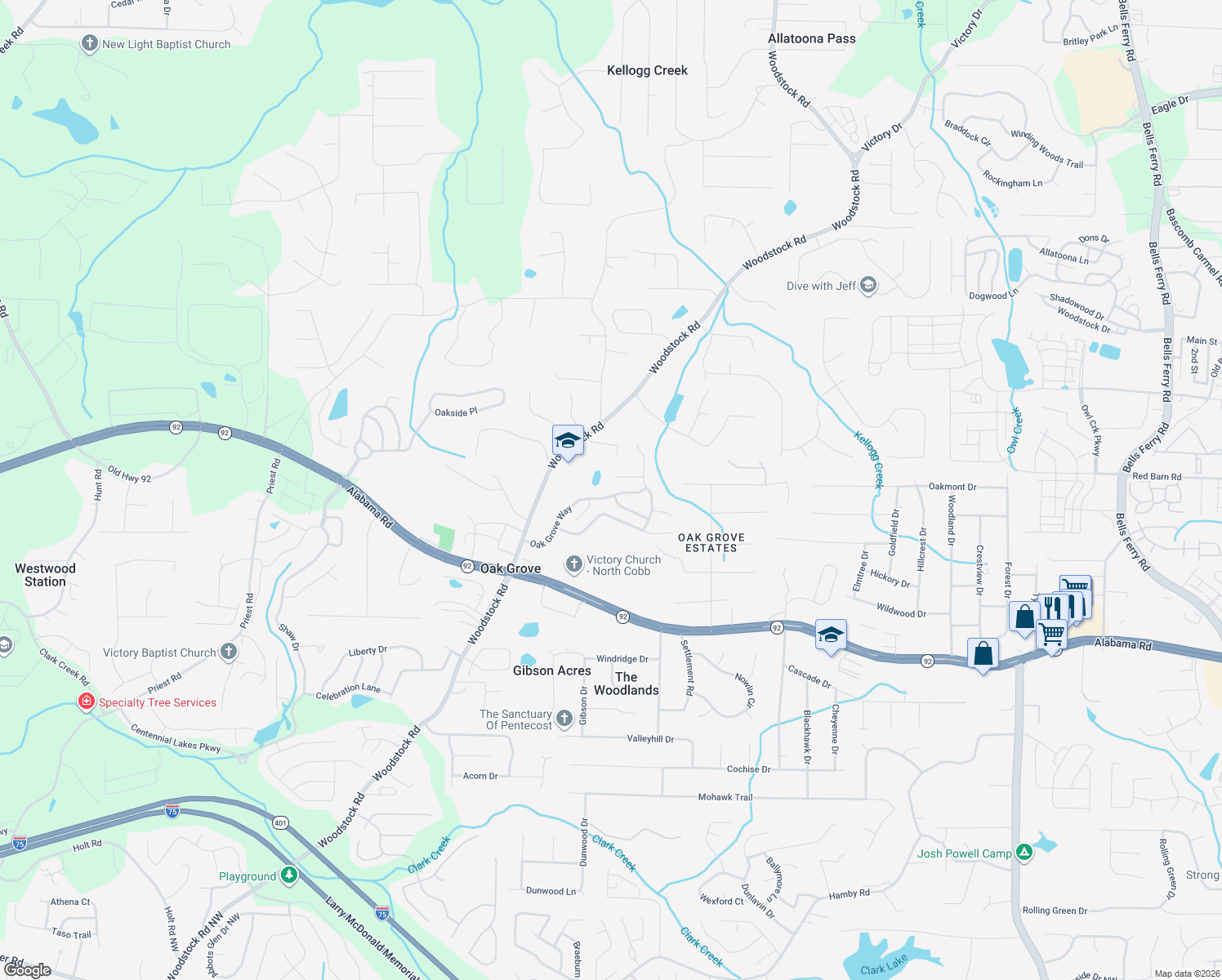 map of restaurants, bars, coffee shops, grocery stores, and more near 257 Oak Grove Way in Acworth