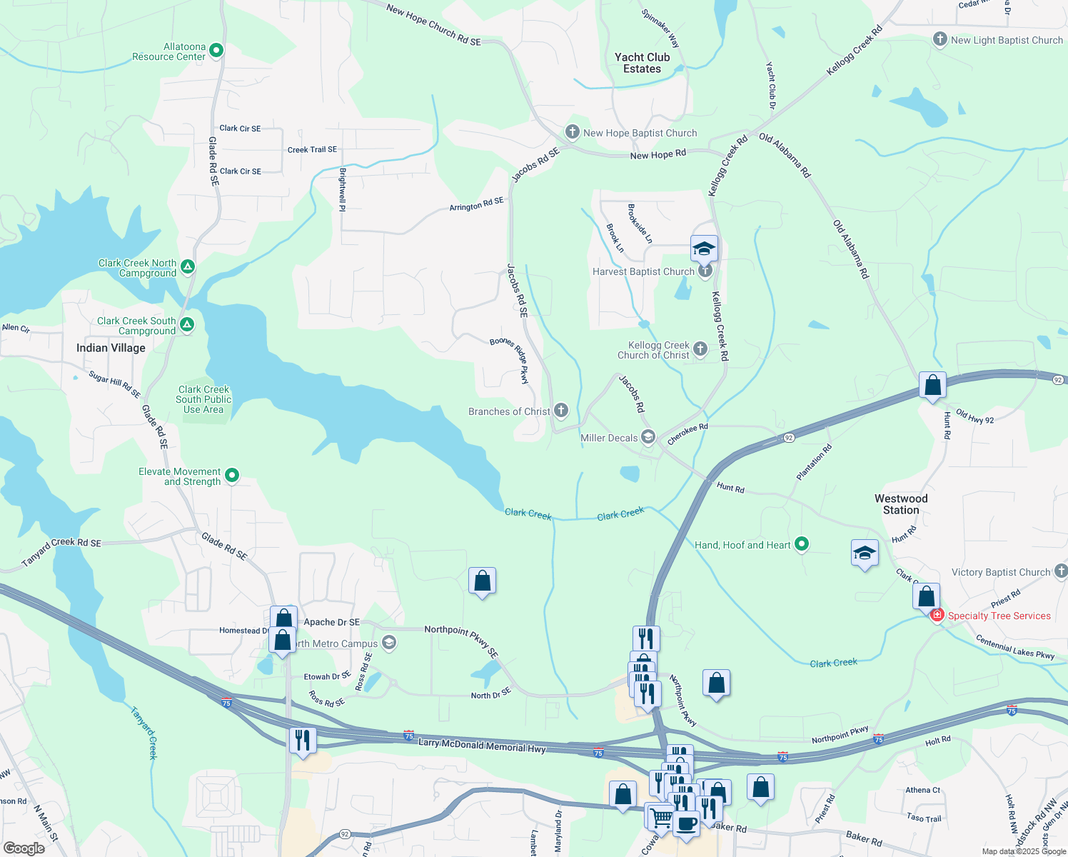 map of restaurants, bars, coffee shops, grocery stores, and more near 144 Boones Ridge Parkway in Acworth