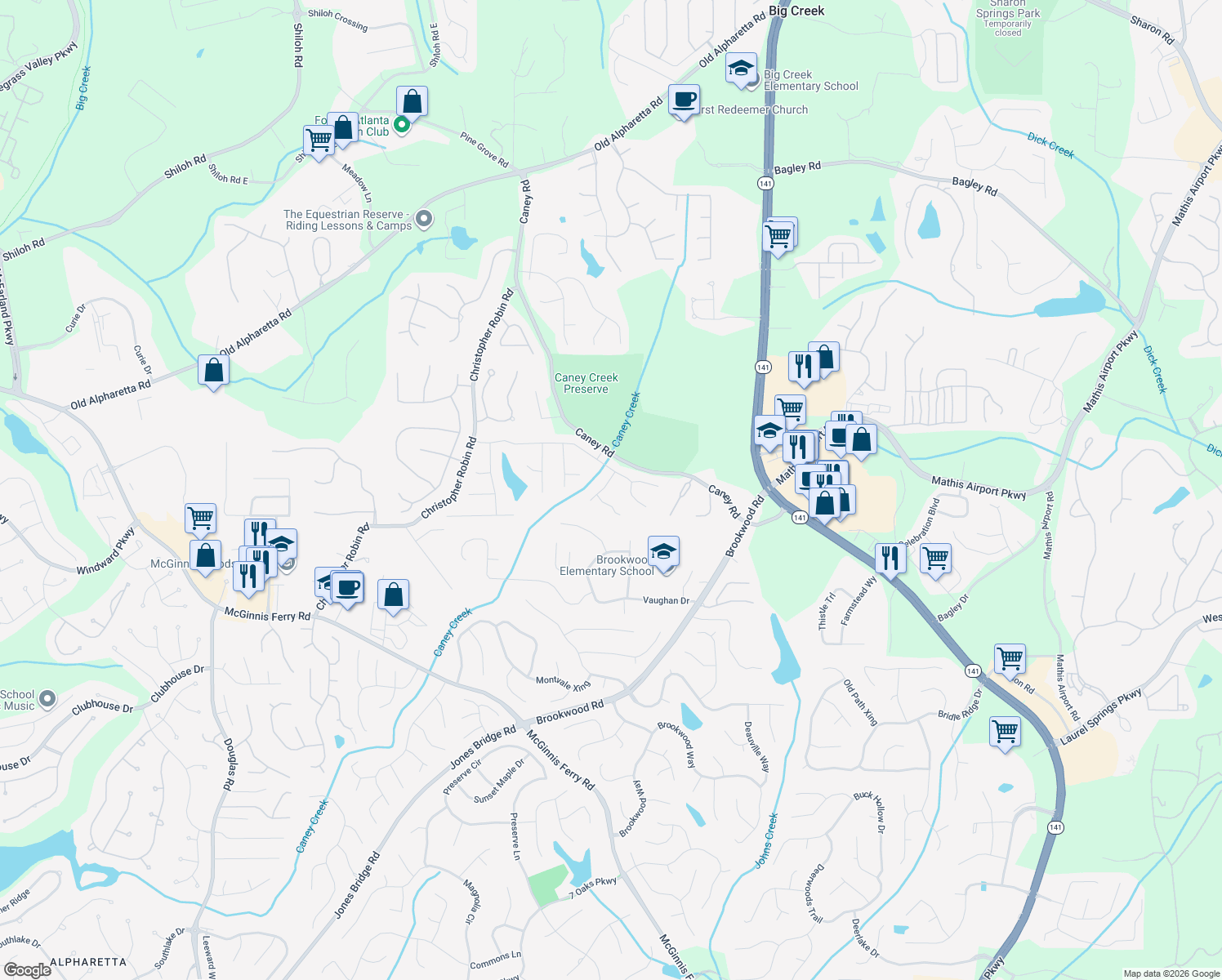 map of restaurants, bars, coffee shops, grocery stores, and more near 2925 Saint Andrews Court in Cumming