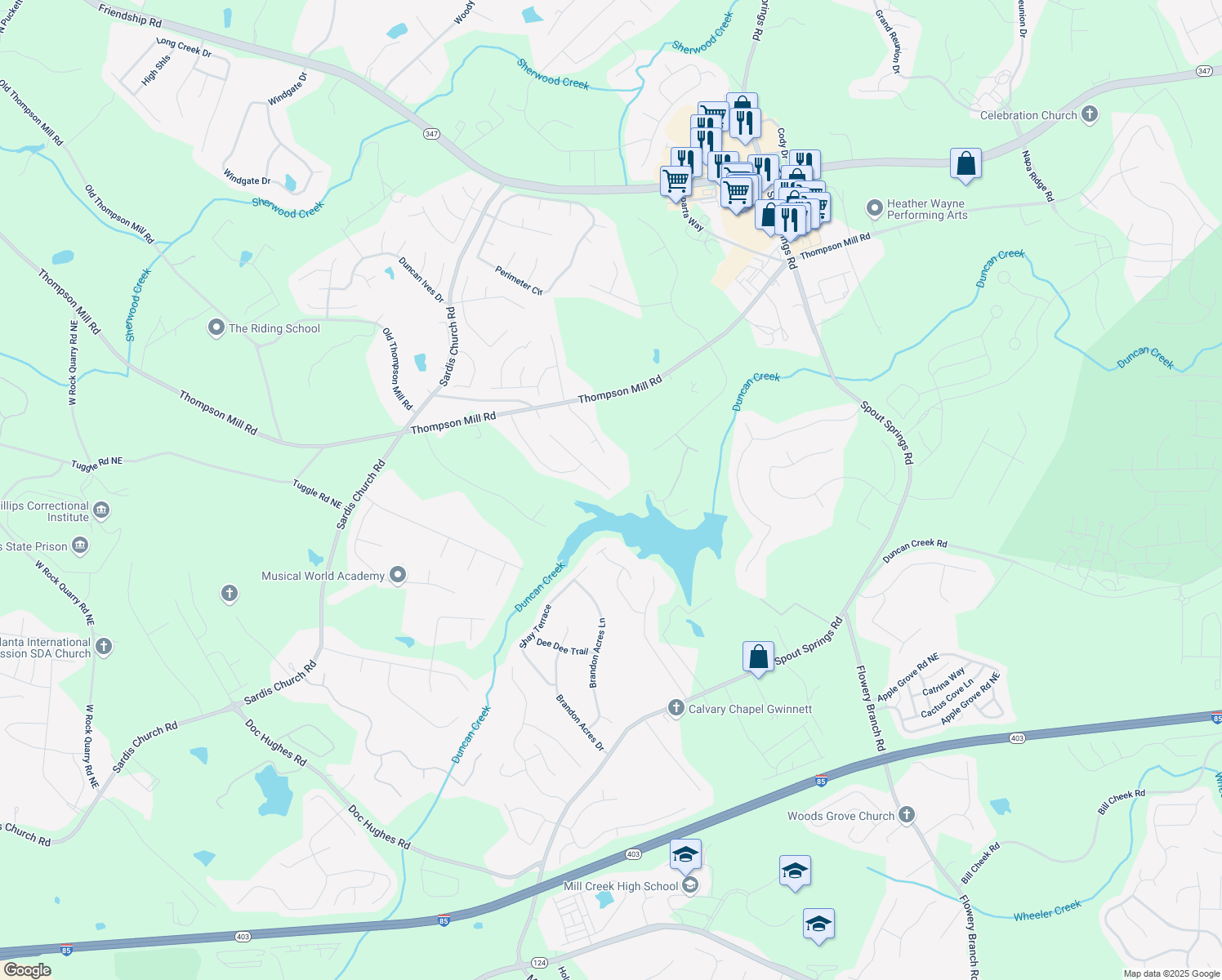 map of restaurants, bars, coffee shops, grocery stores, and more near 2400 Weber Heights Way in Buford