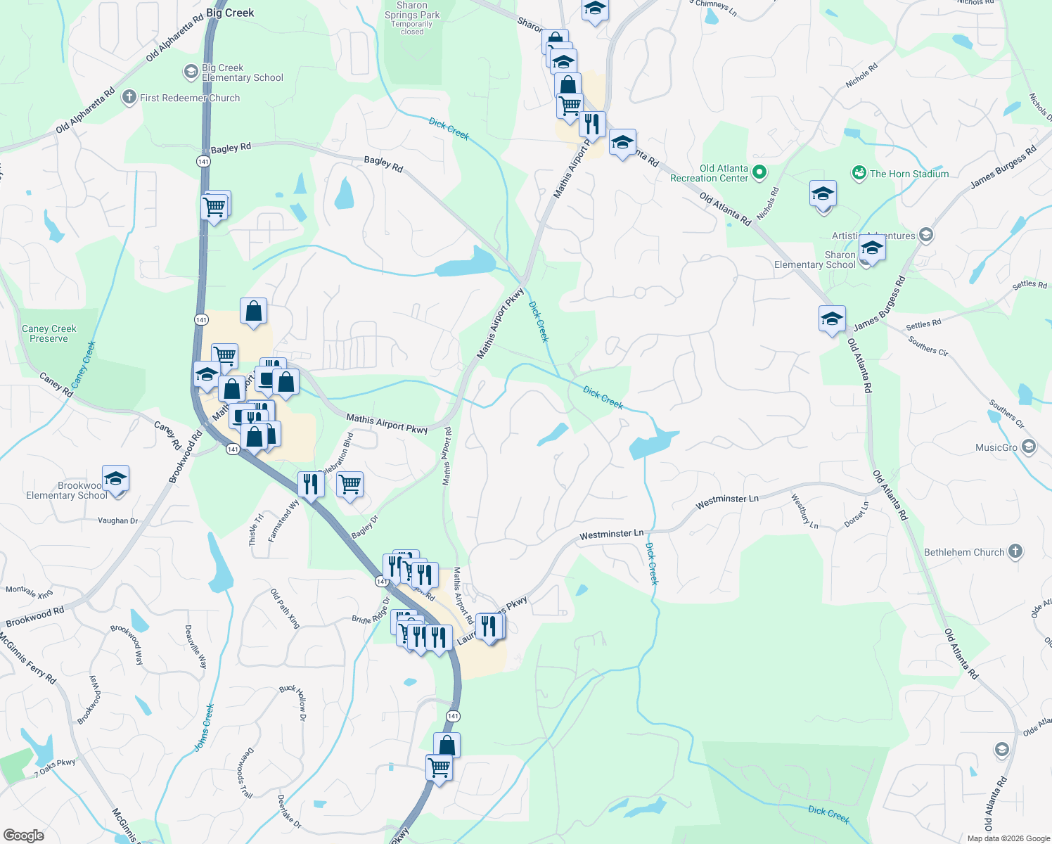 map of restaurants, bars, coffee shops, grocery stores, and more near 6425 Haddington Lane in Suwanee