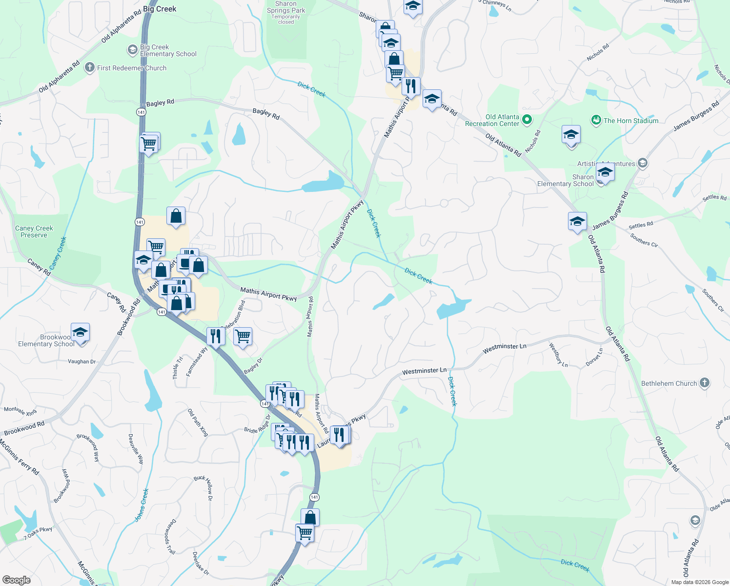 map of restaurants, bars, coffee shops, grocery stores, and more near 6425 Haddington Ln in Suwanee
