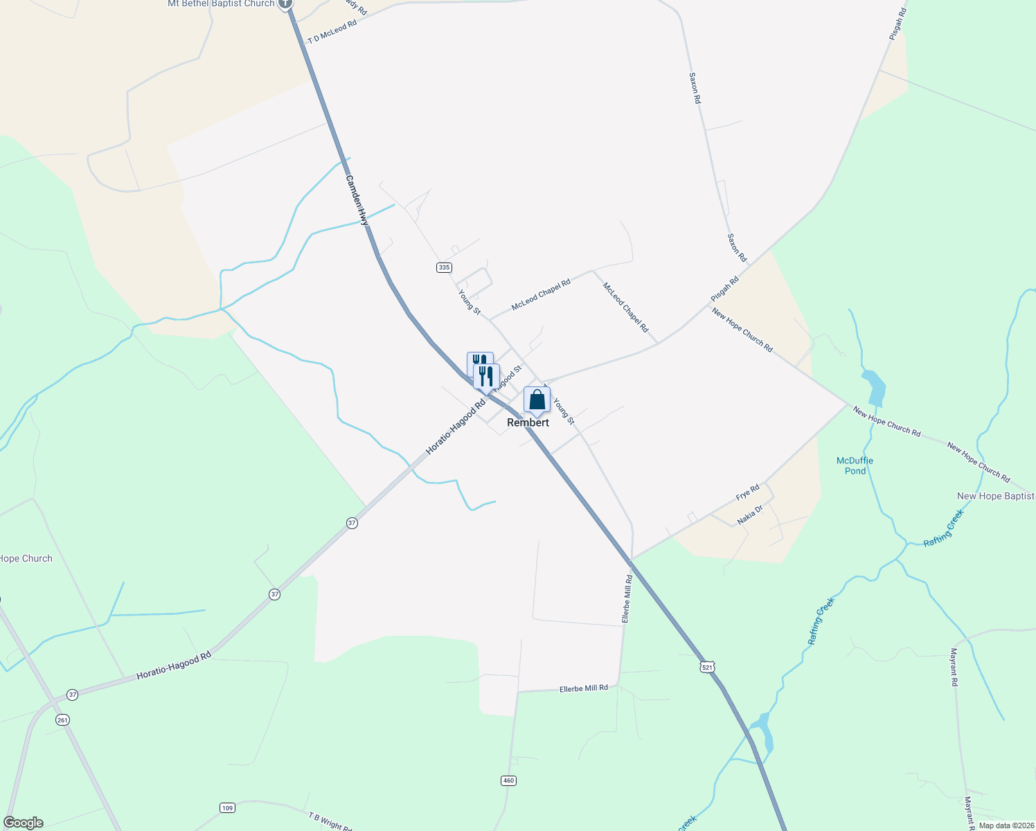 map of restaurants, bars, coffee shops, grocery stores, and more near U.S. 521 in Rembert