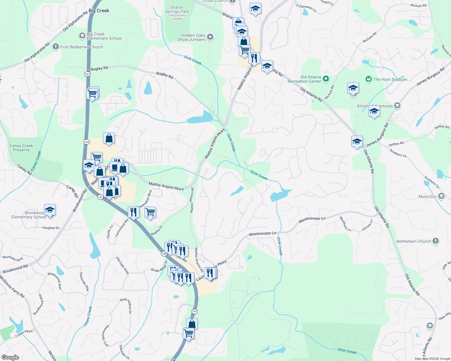 map of restaurants, bars, coffee shops, grocery stores, and more near 6405 Haddington Lane in Suwanee