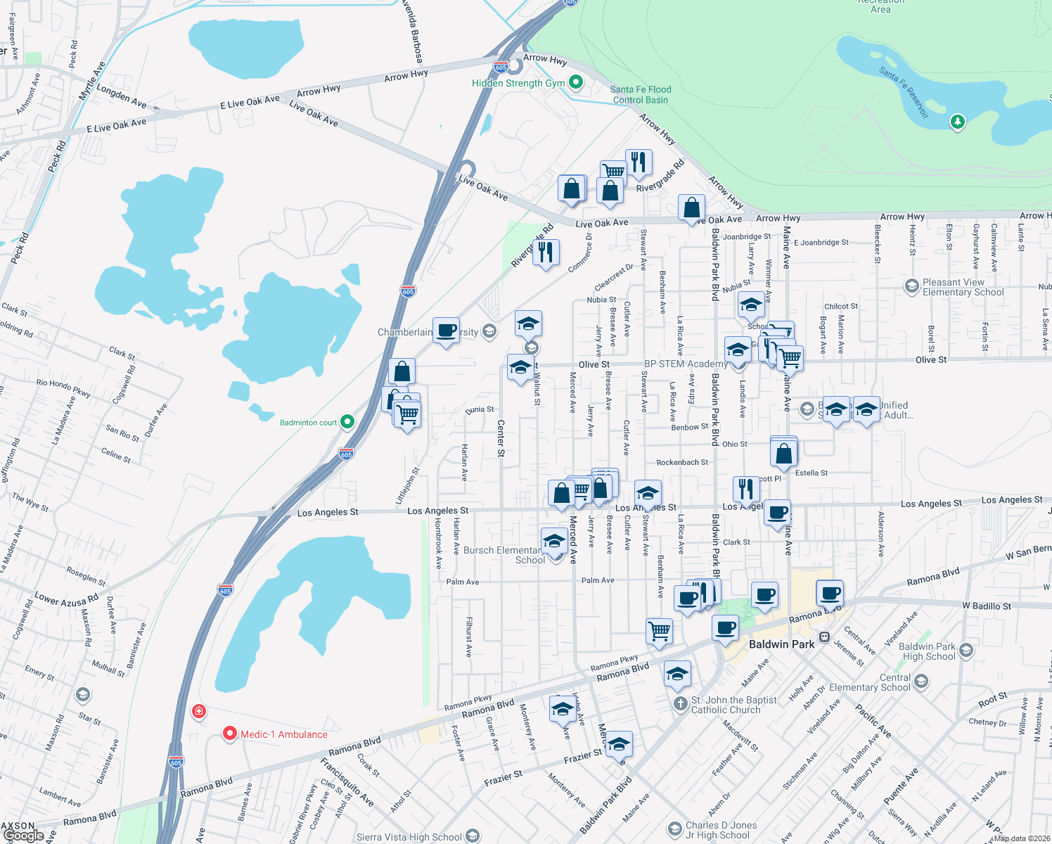 map of restaurants, bars, coffee shops, grocery stores, and more near 13640 Benwood Street in Baldwin Park
