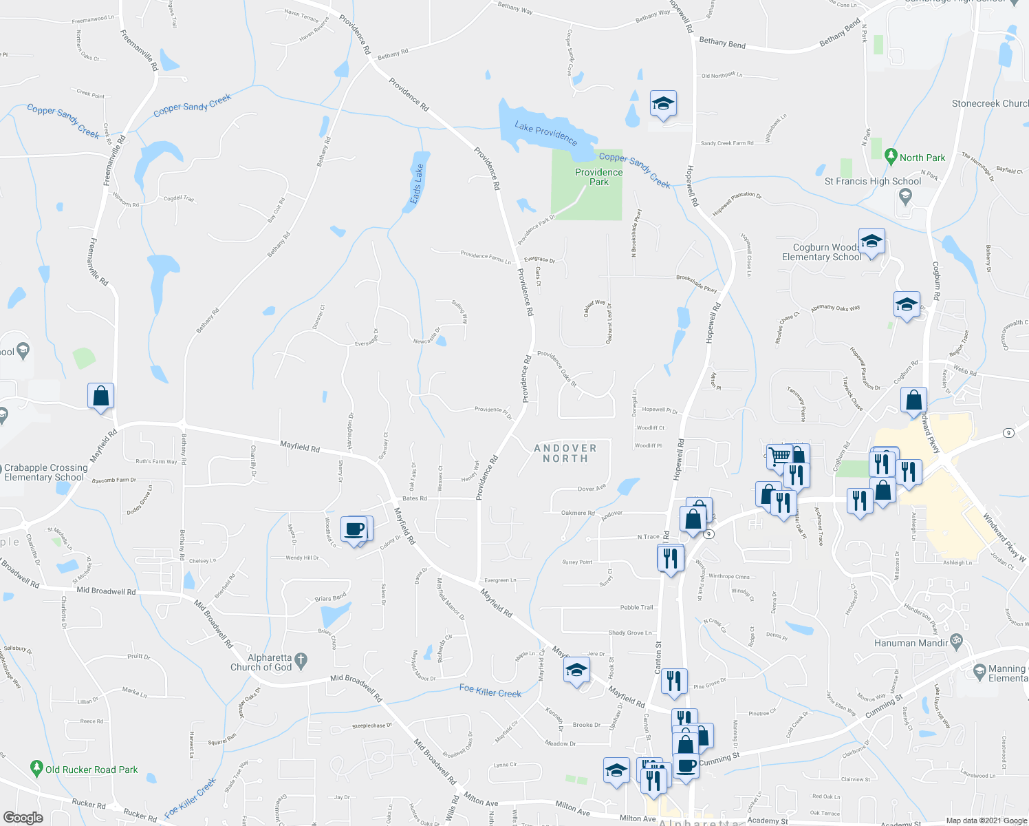 map of restaurants, bars, coffee shops, grocery stores, and more near 1850 Providence Place Drive in Alpharetta