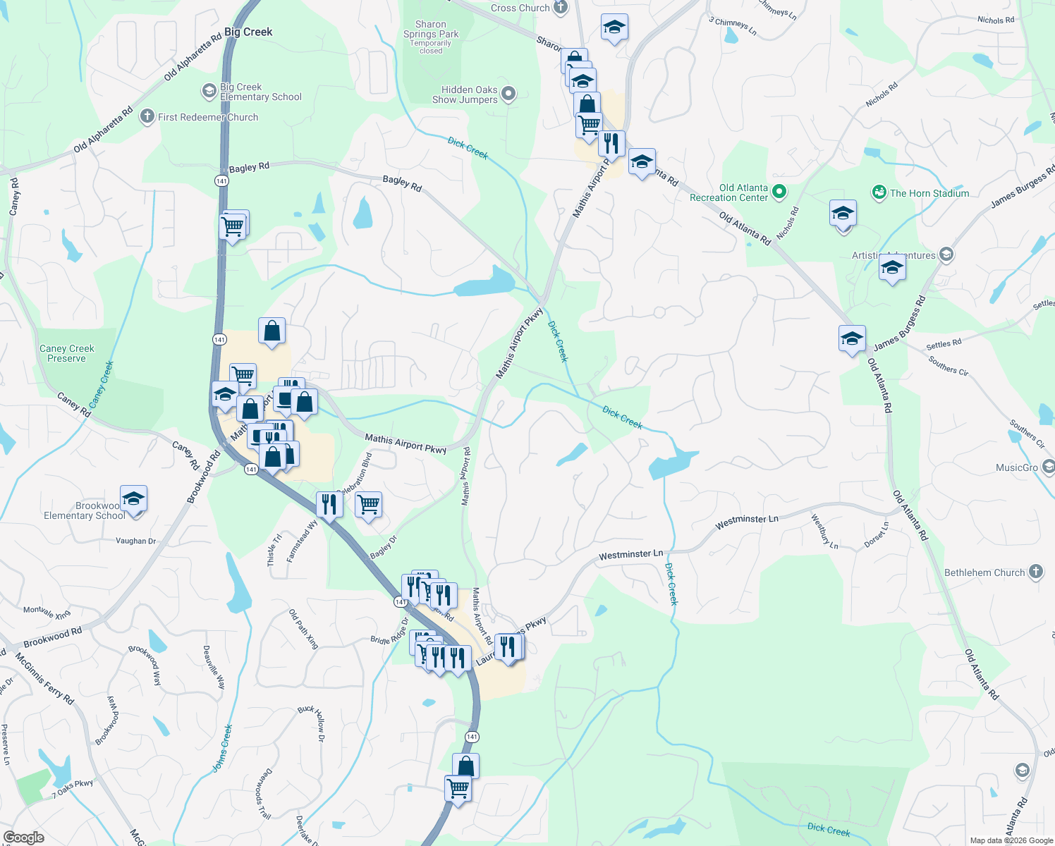 map of restaurants, bars, coffee shops, grocery stores, and more near 6405 Haddington Lane in Suwanee