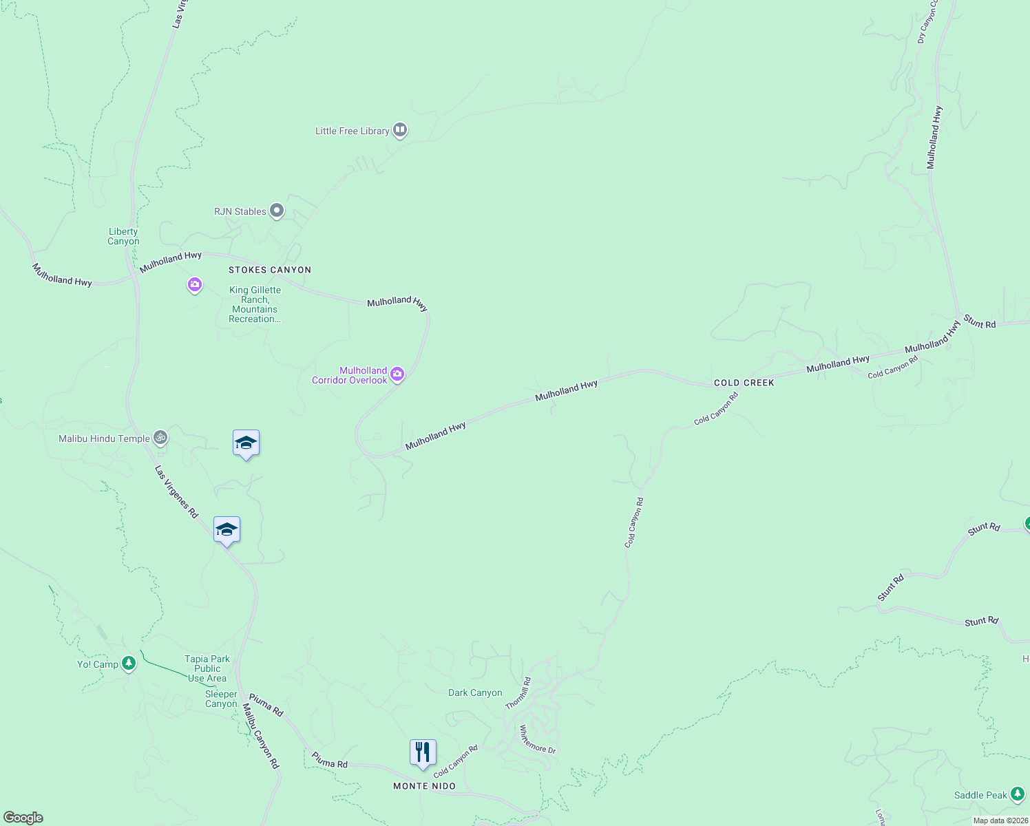 map of restaurants, bars, coffee shops, grocery stores, and more near 25700 Mulholland Highway in Calabasas