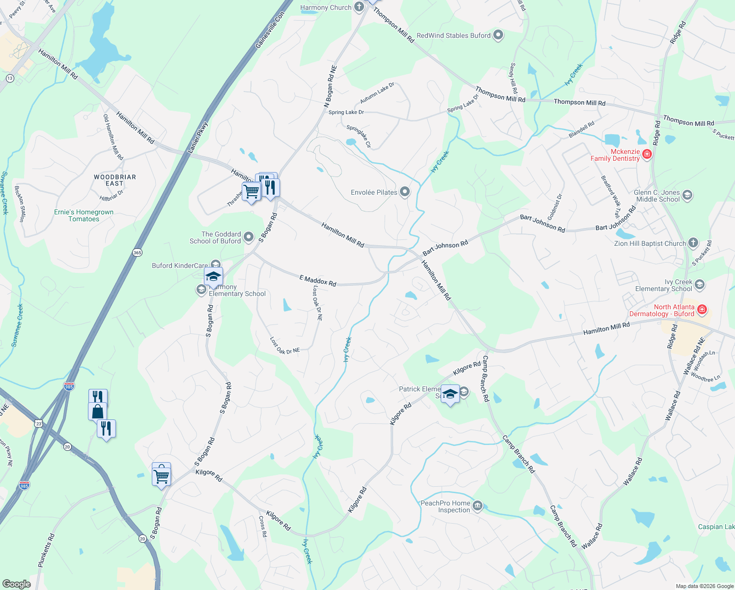 map of restaurants, bars, coffee shops, grocery stores, and more near 3785 Rolling Creek Drive Northeast in Buford