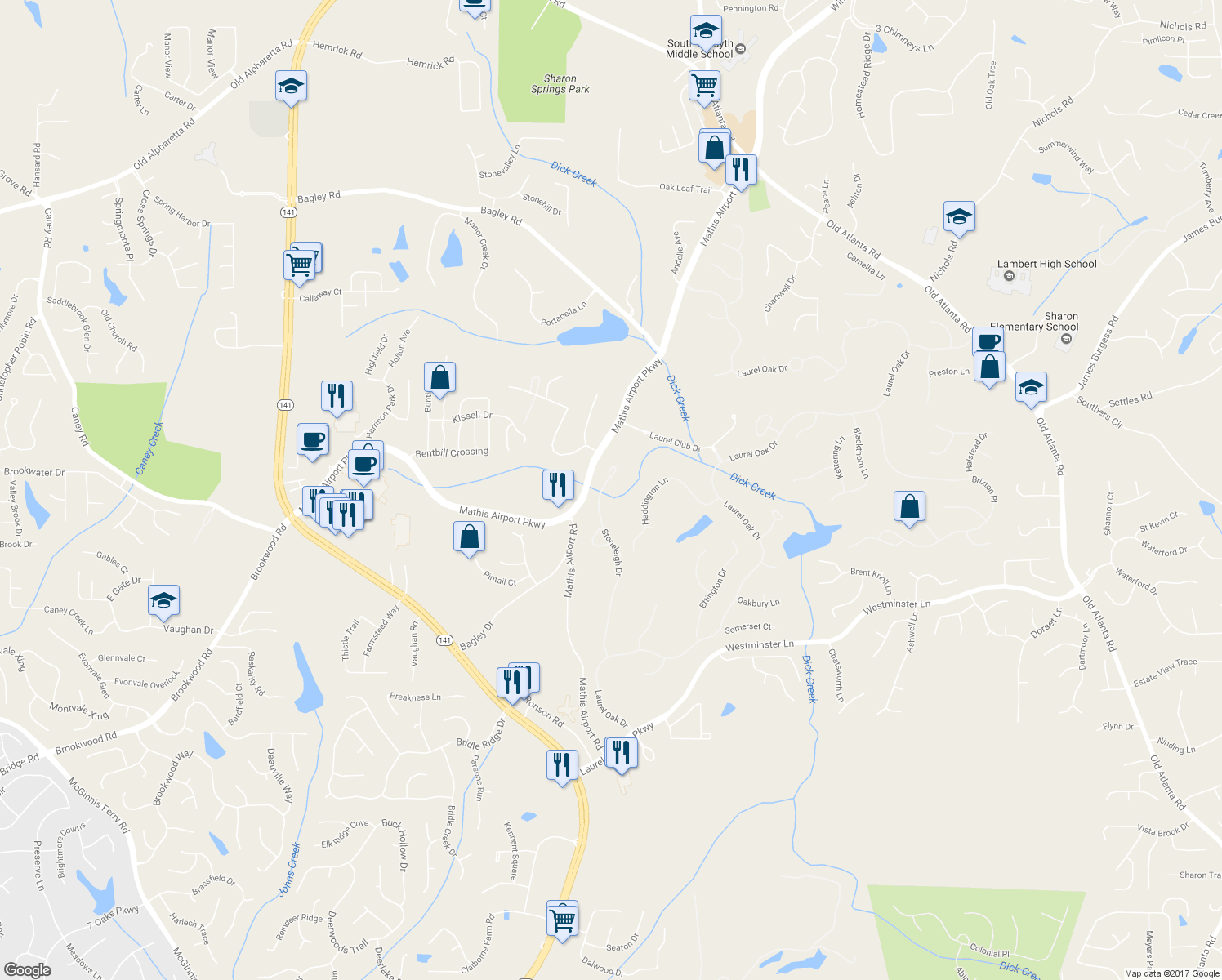 map of restaurants, bars, coffee shops, grocery stores, and more near 5860 Stoneleigh Drive in Suwanee