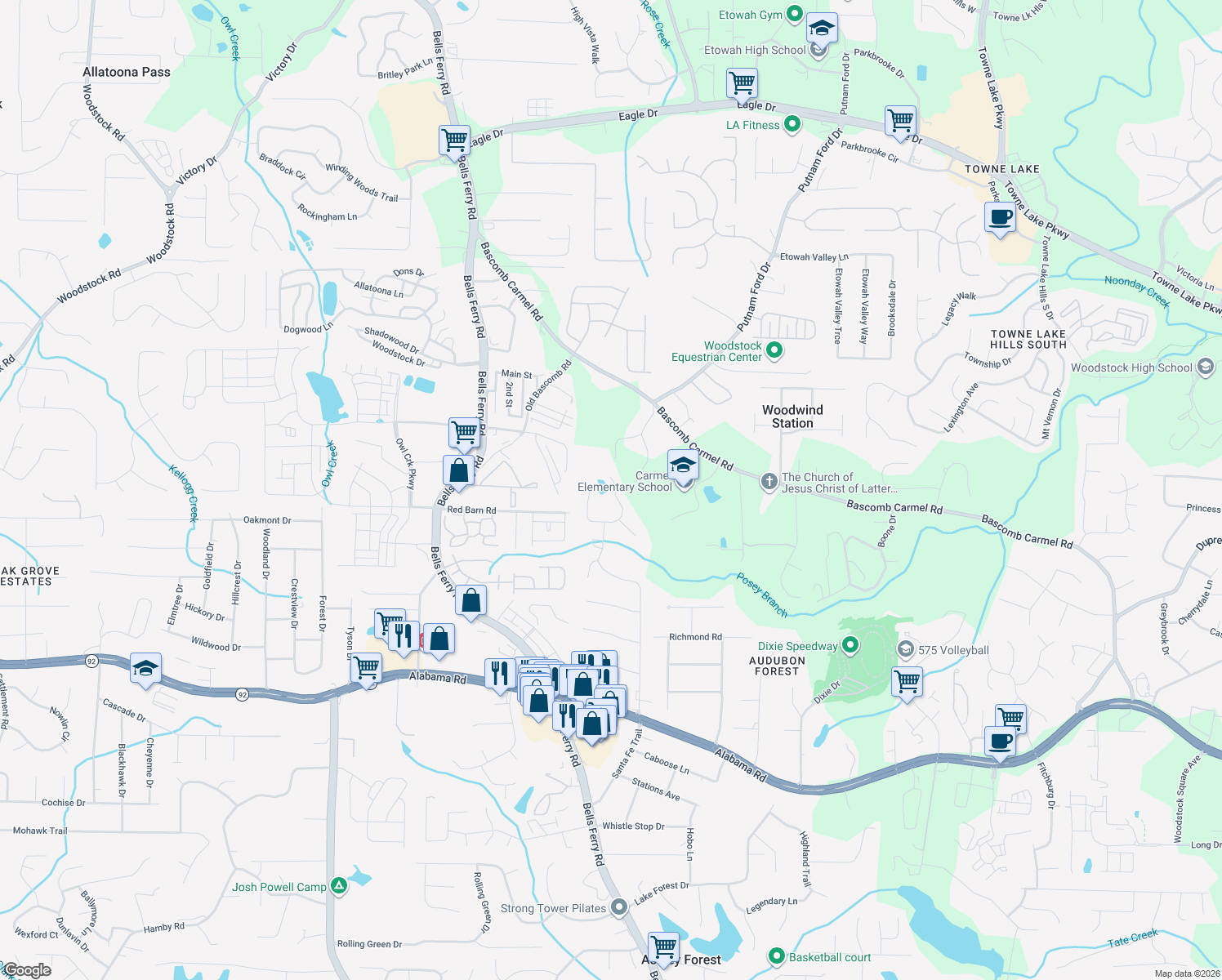 map of restaurants, bars, coffee shops, grocery stores, and more near 637 Glendale Forest Drive in Woodstock