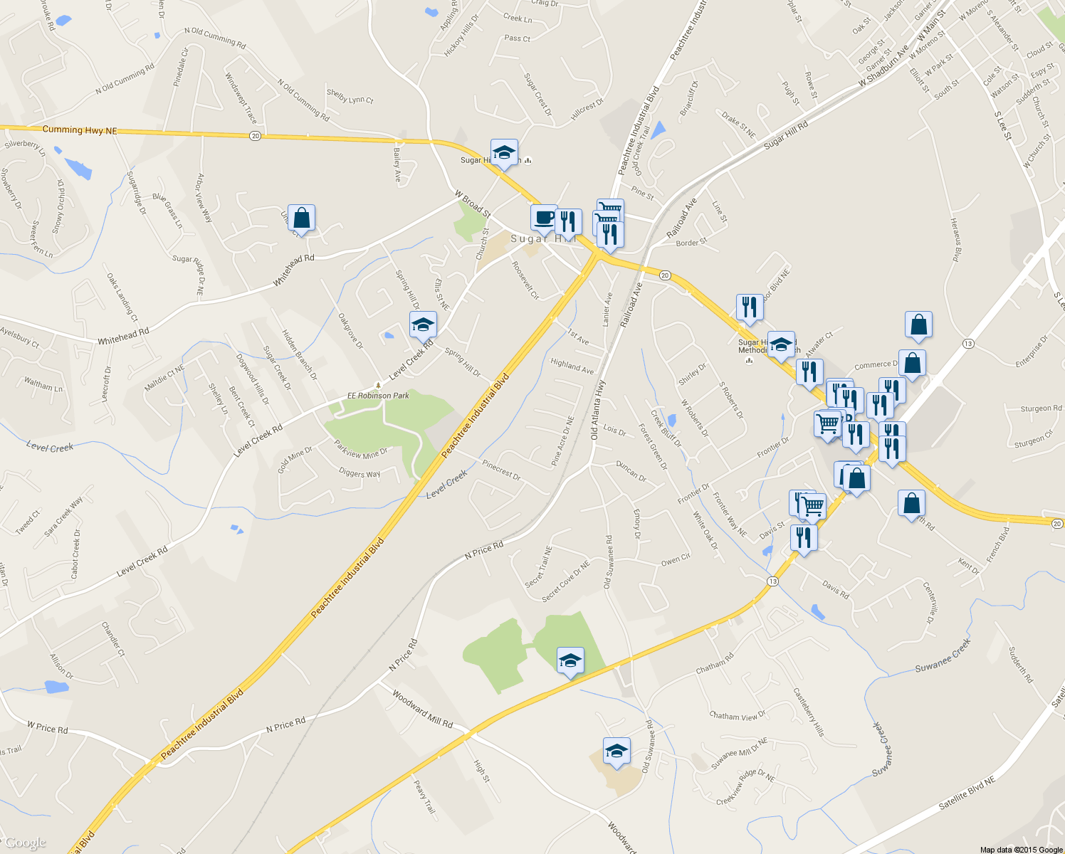 map of restaurants, bars, coffee shops, grocery stores, and more near 4680 Riley Run Court in Sugar Hill