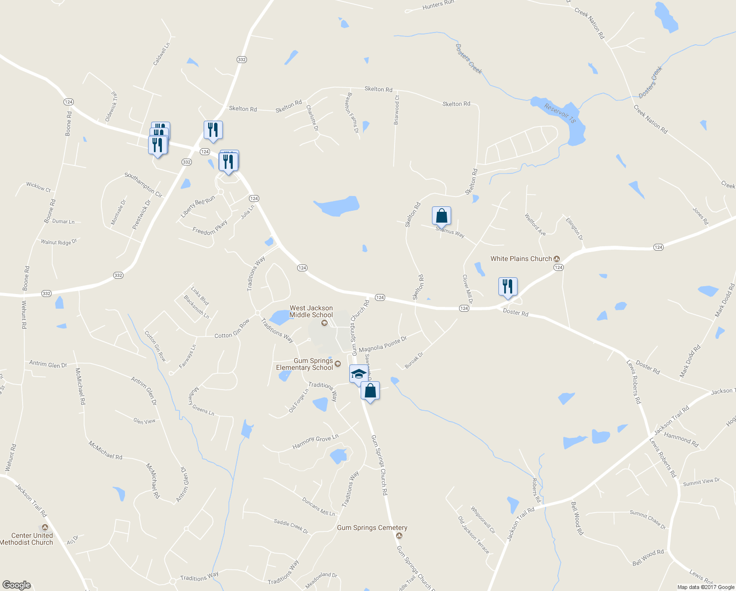 map of restaurants, bars, coffee shops, grocery stores, and more near 2 Gum Springs Church Road in Jefferson