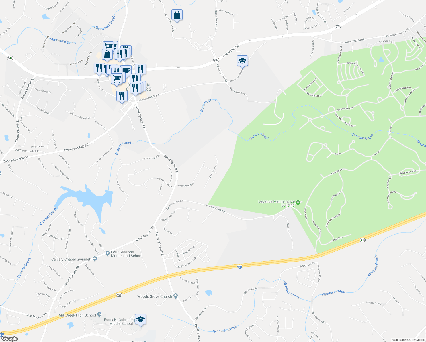 map of restaurants, bars, coffee shops, grocery stores, and more near 5314 Fawn Ivey Lane in Buford