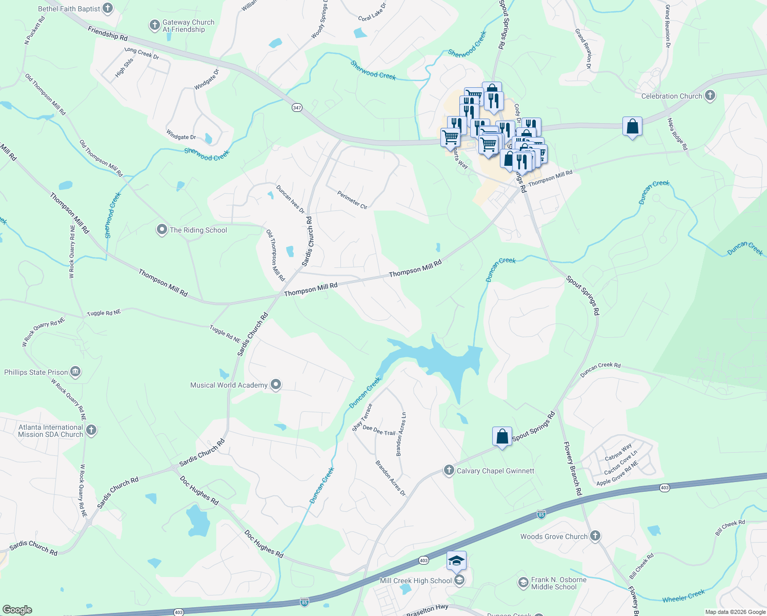 map of restaurants, bars, coffee shops, grocery stores, and more near 2515 Weber Heights Way in Buford